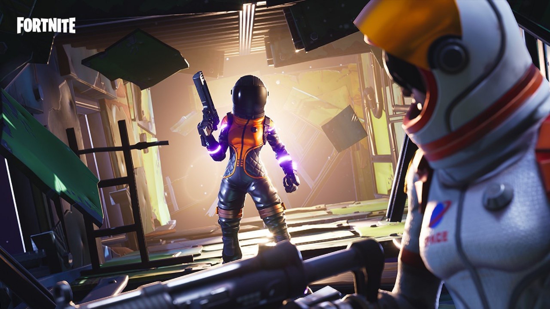 Fortnite characters in a destroyed environment HD Wallpaper