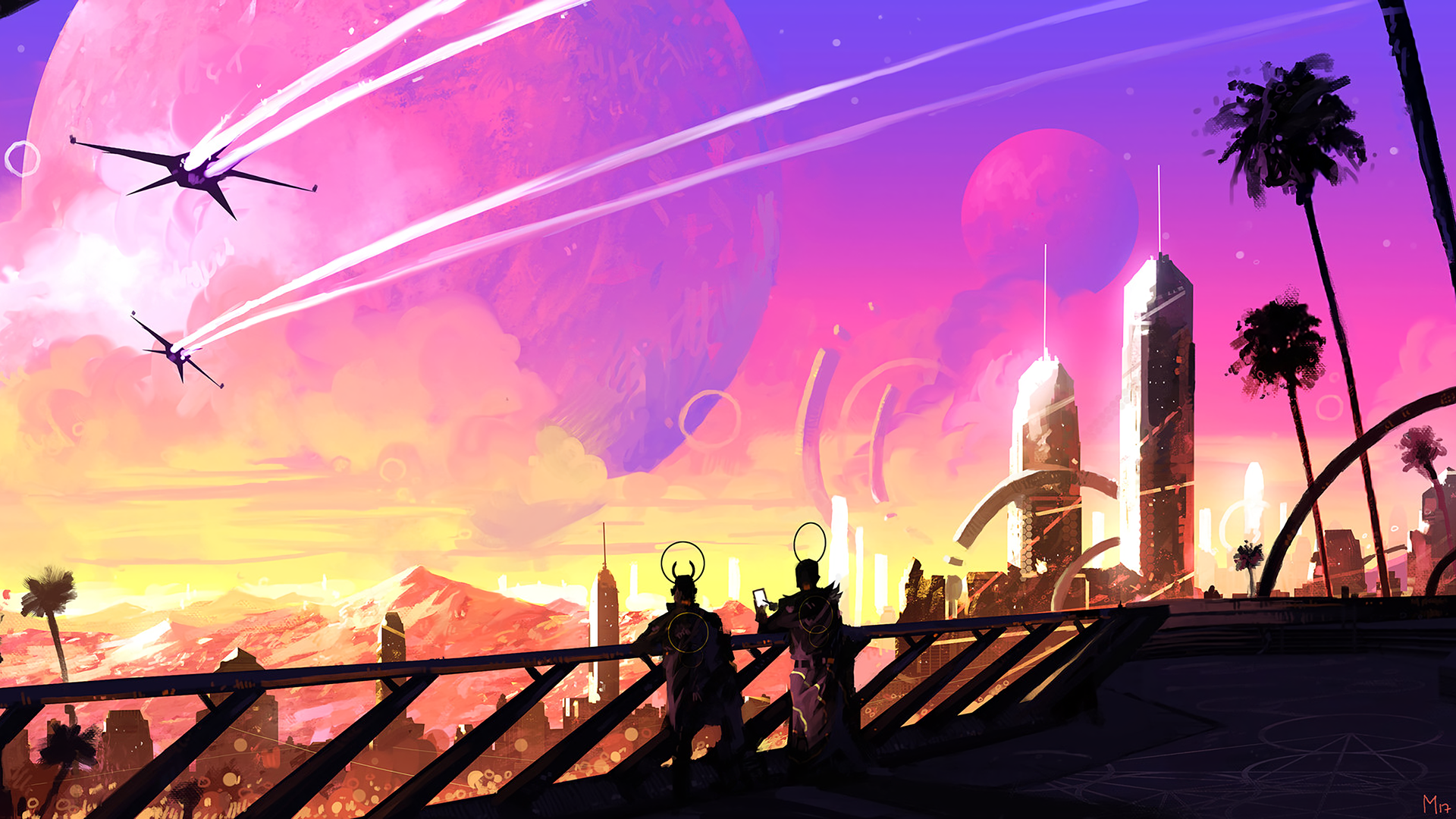 Science fiction city with planets and aircraft HD Wallpaper