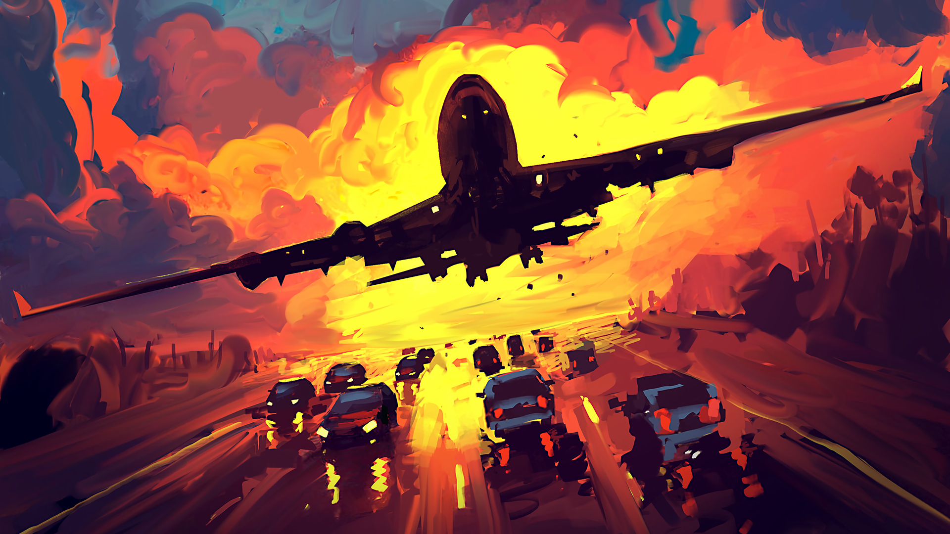 Airplane flying over cars at sunset HD Wallpaper