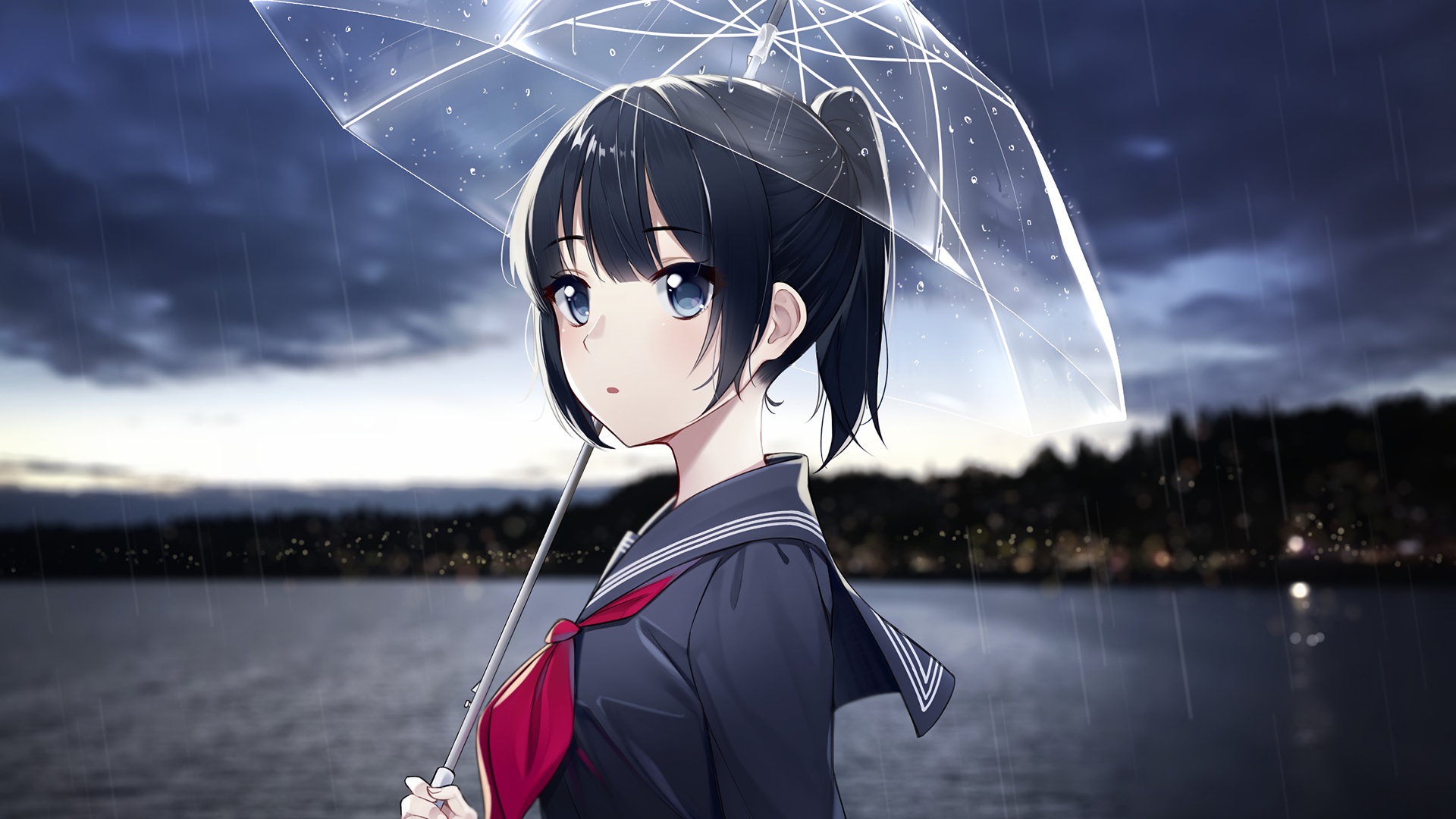 Anime girl with black hair holding an umbrella in the rain HD Wallpaper