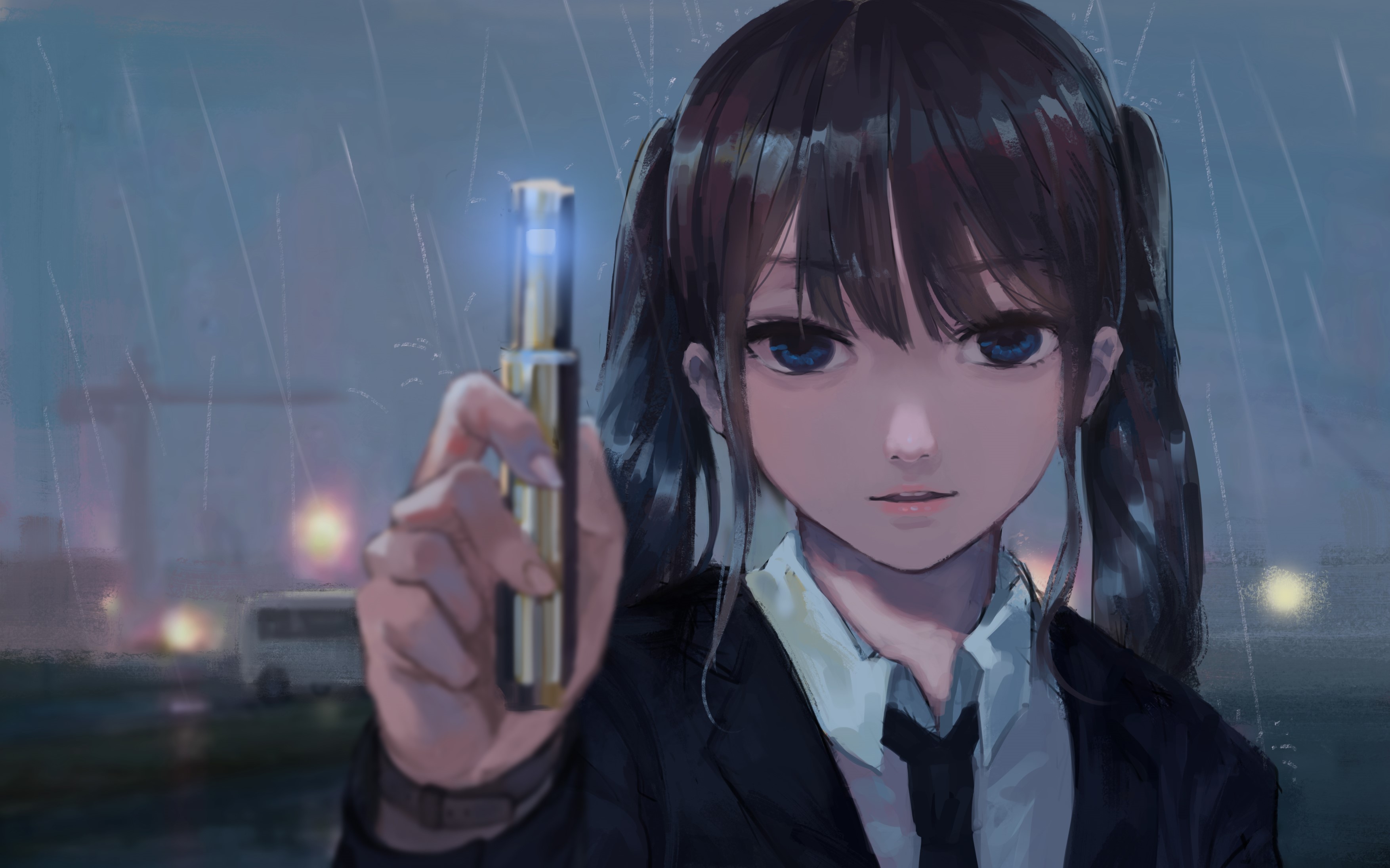 Anime girl in suit holding a device in the rain HD Wallpaper