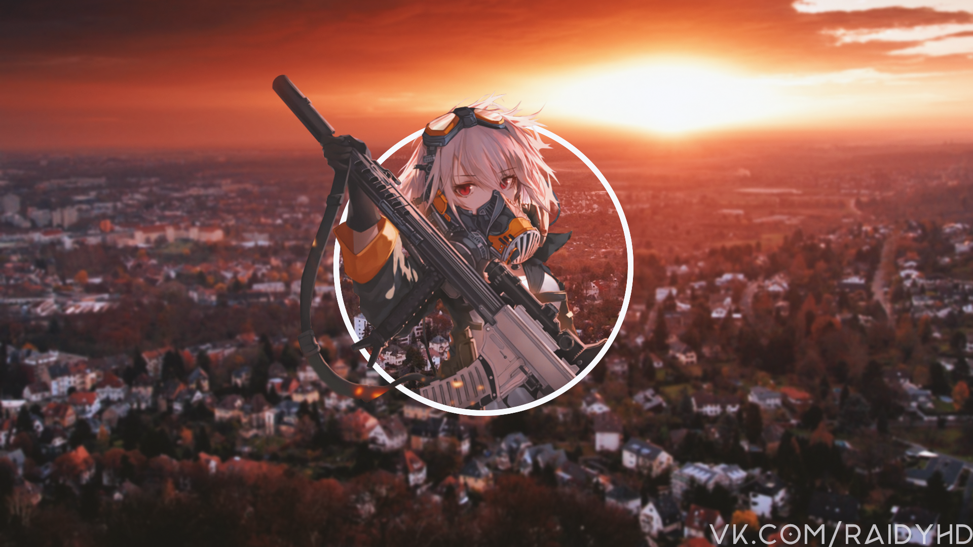 Anime girl with a rifle at sunset HD Wallpaper