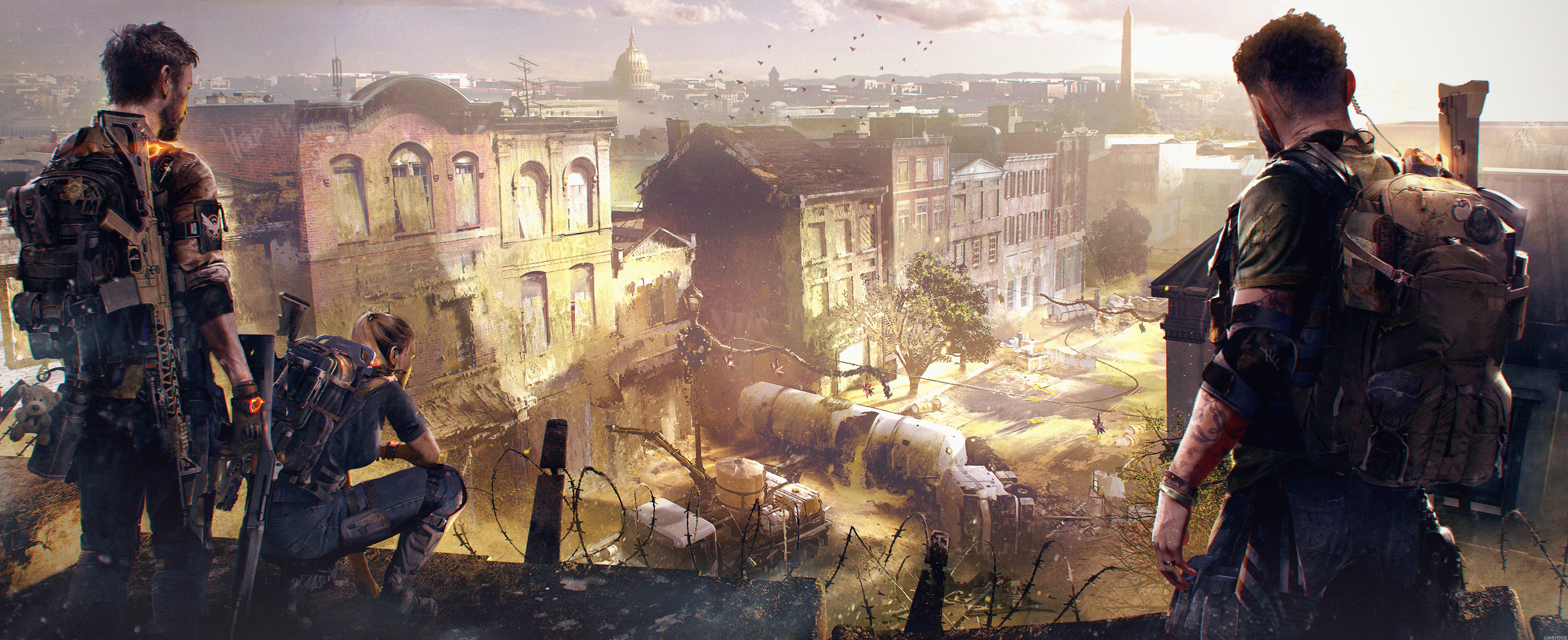 4K Tom Clancy's The Division 2 characters overlooking city HD Wallpaper