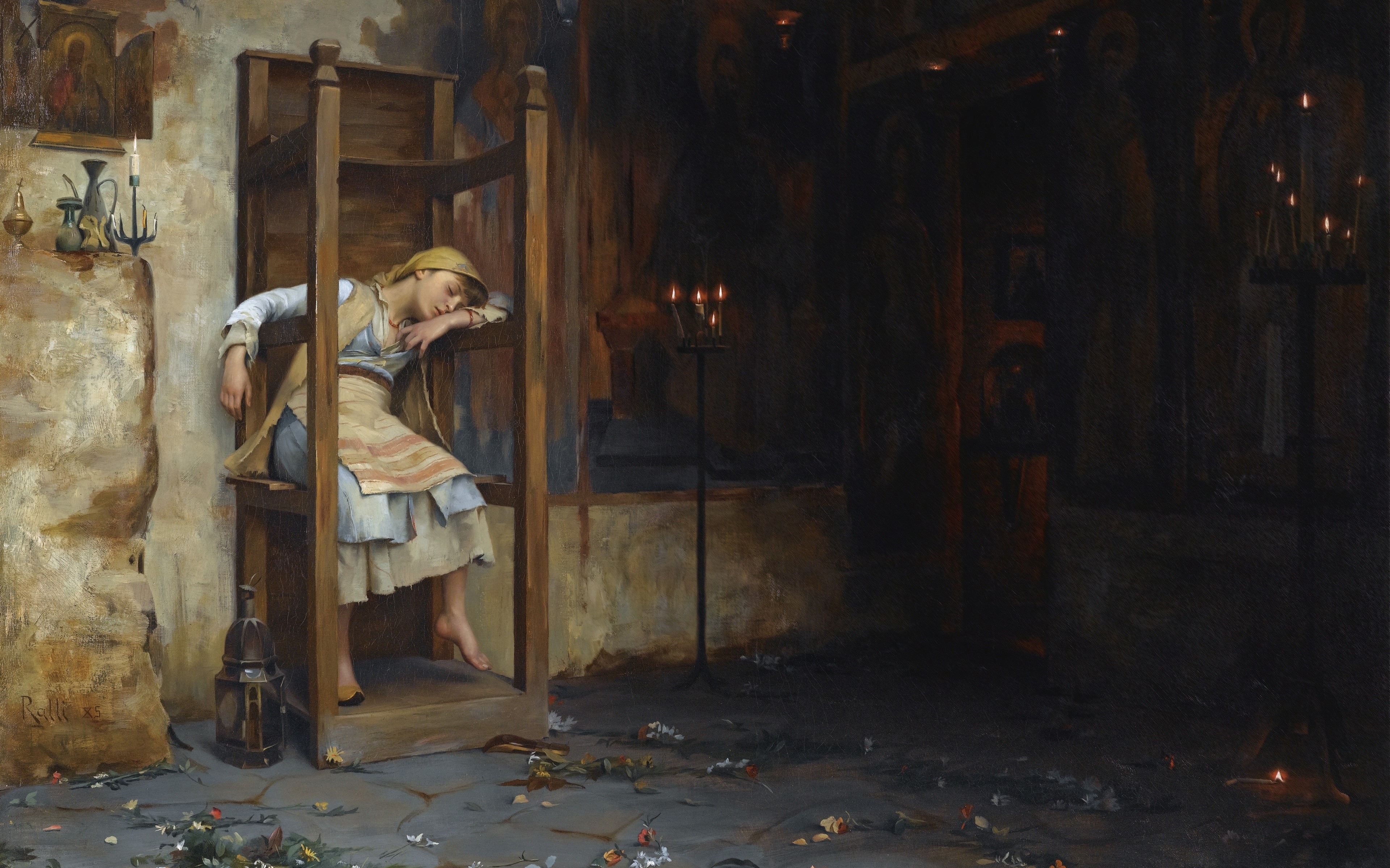 Painting of a girl sleeping in a church HD Wallpaper