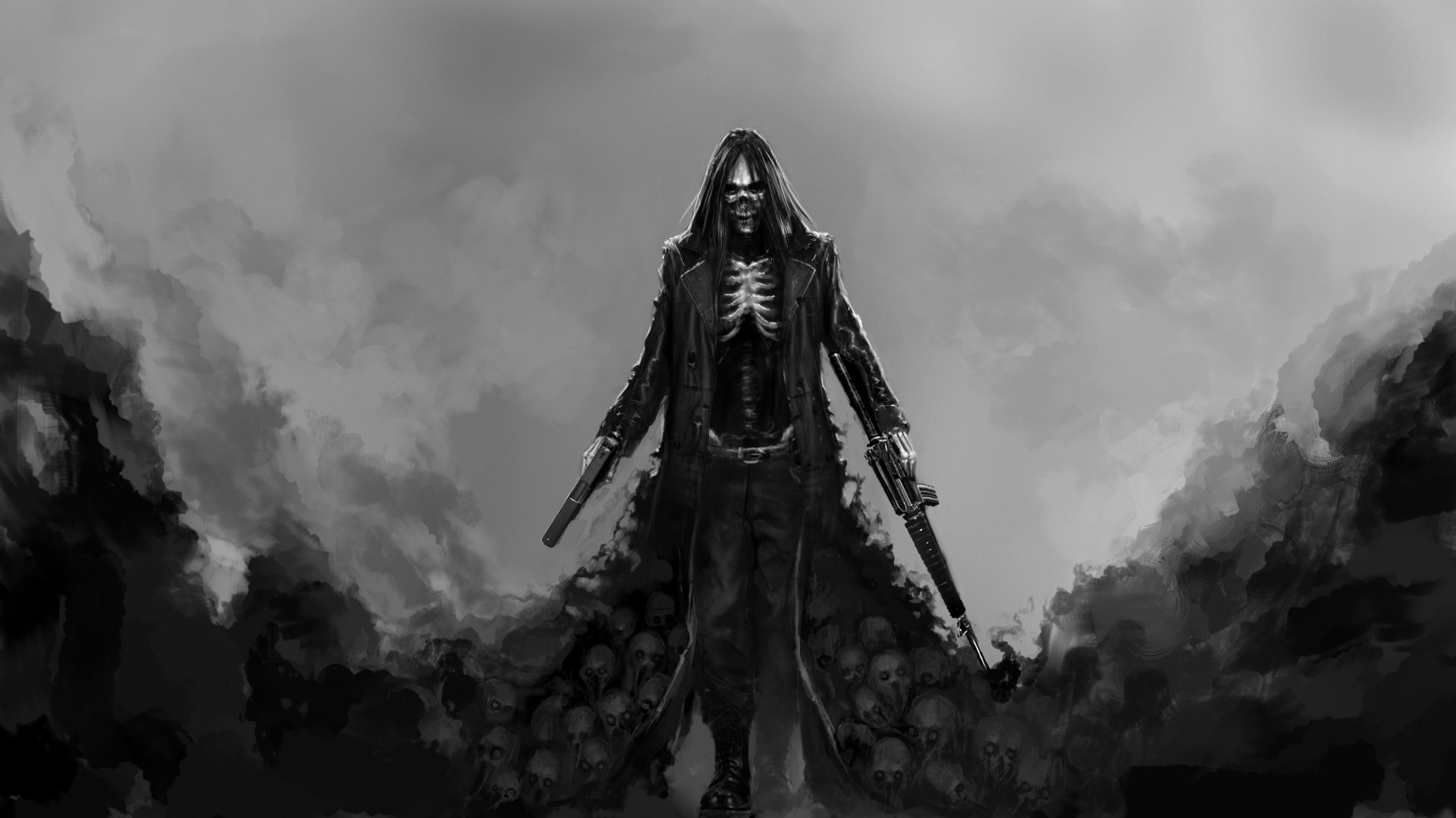 Skeleton man with guns and skull coat HD Wallpaper