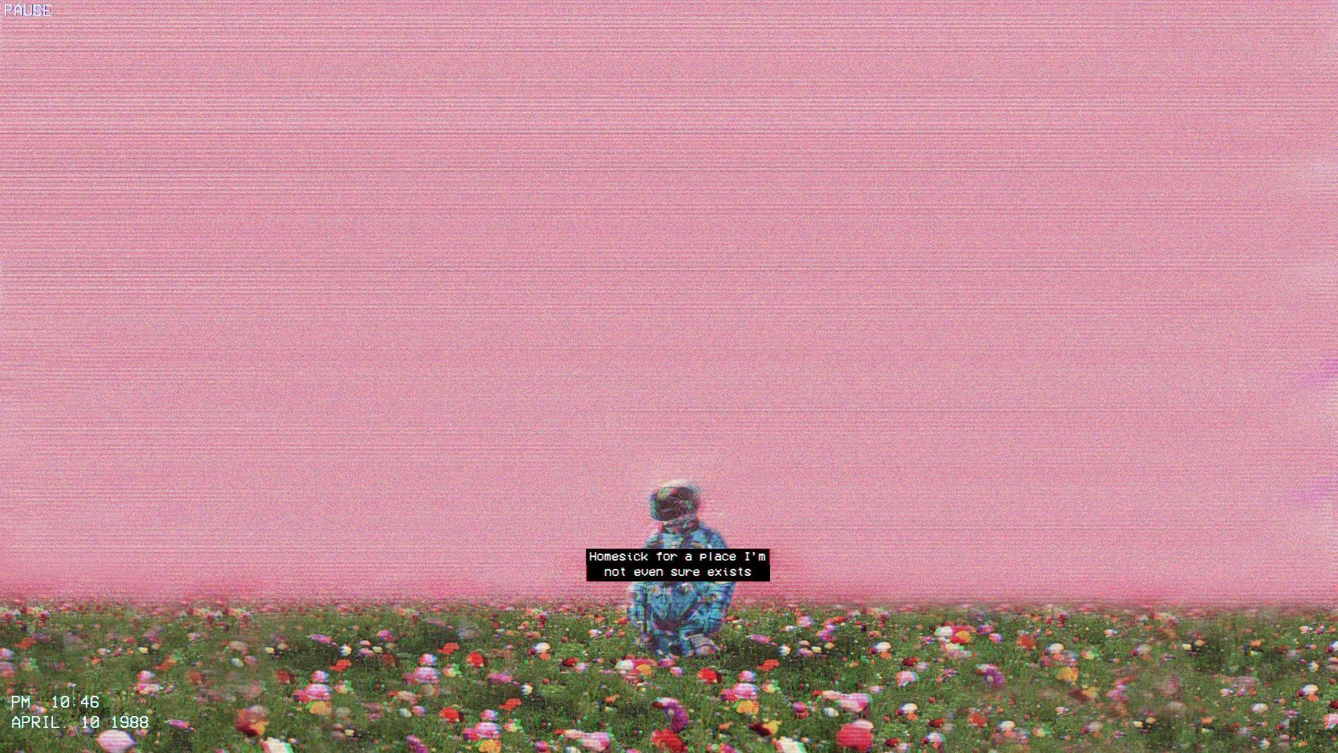 Astronaut in a flower field with glitch art effect HD Wallpaper