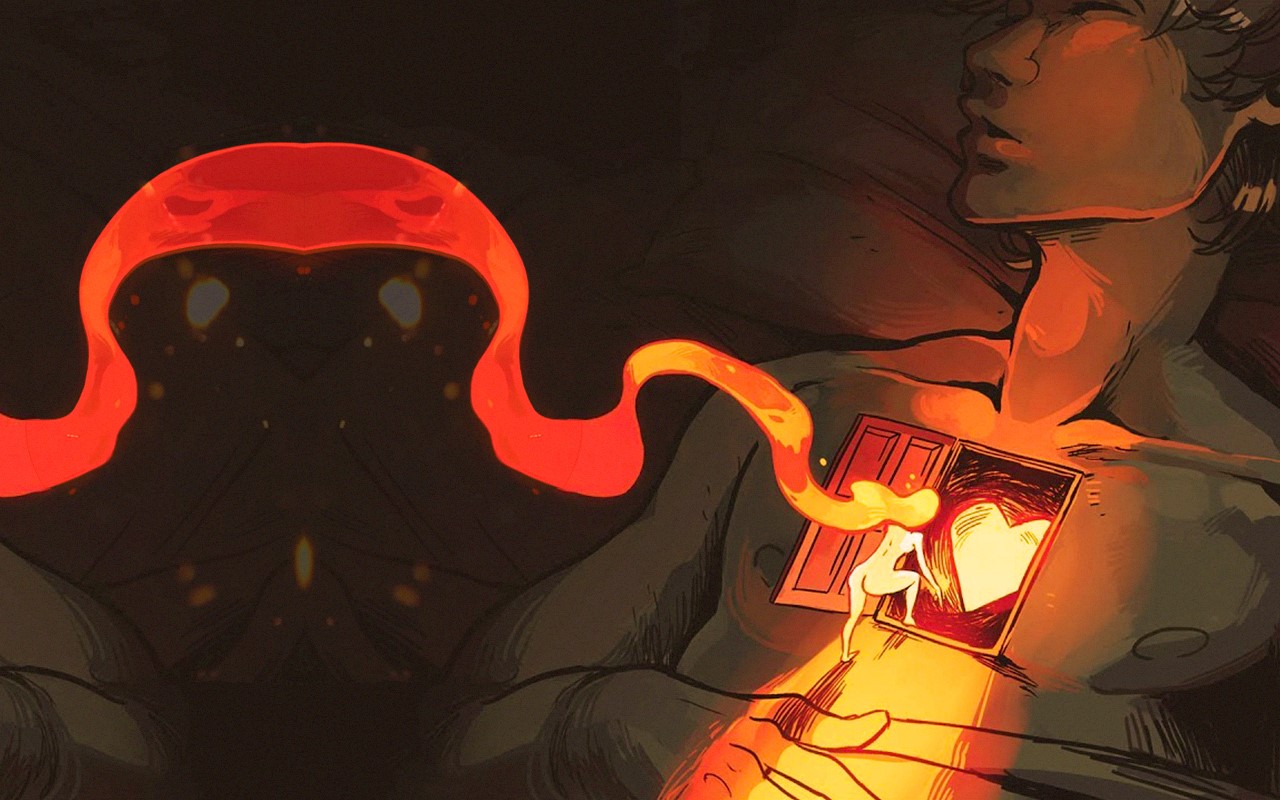 Artwork of a person with a glowing heart and fiery tendrils HD Wallpaper