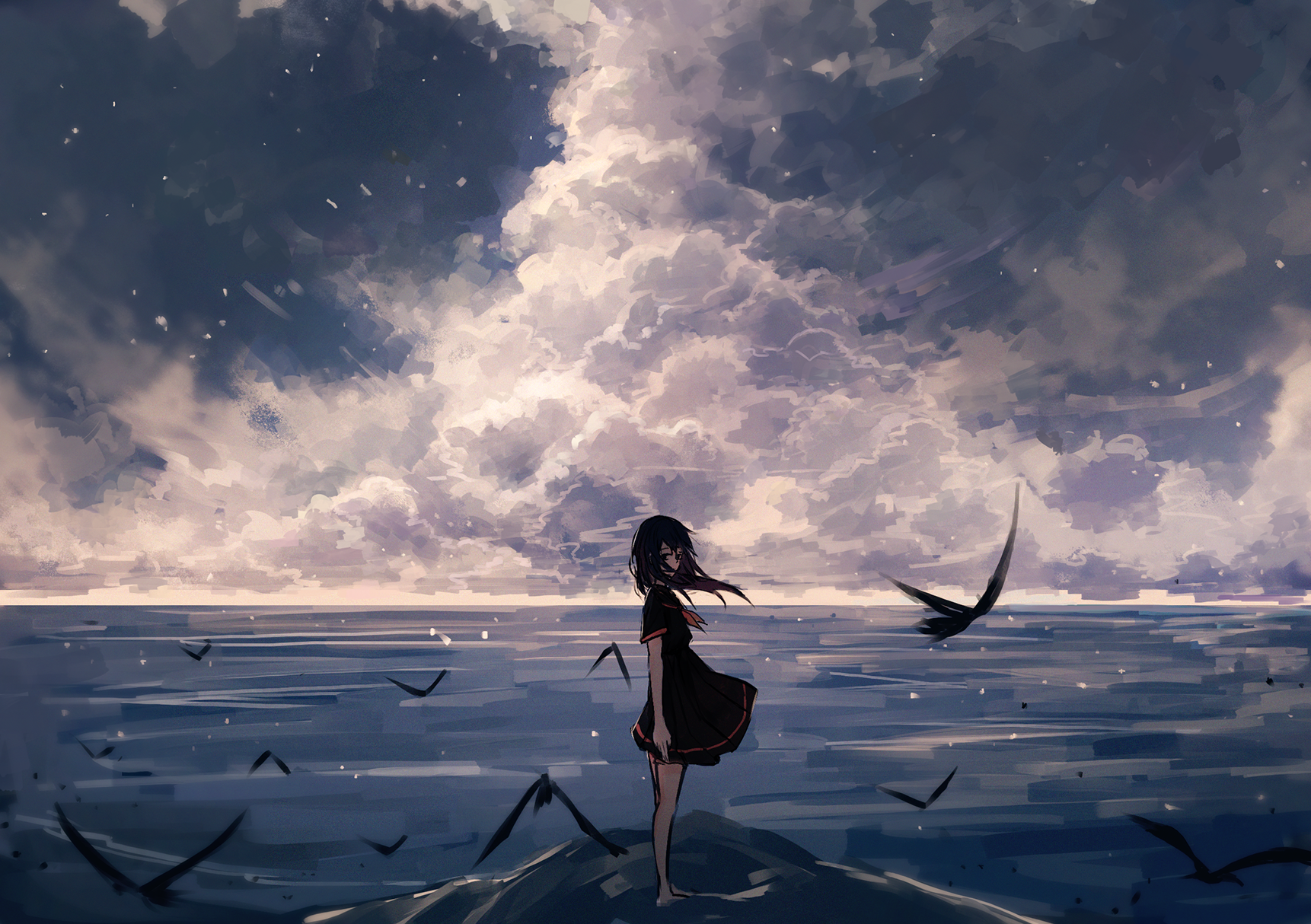 Anime girl with birds by the sea under clouds HD Wallpaper