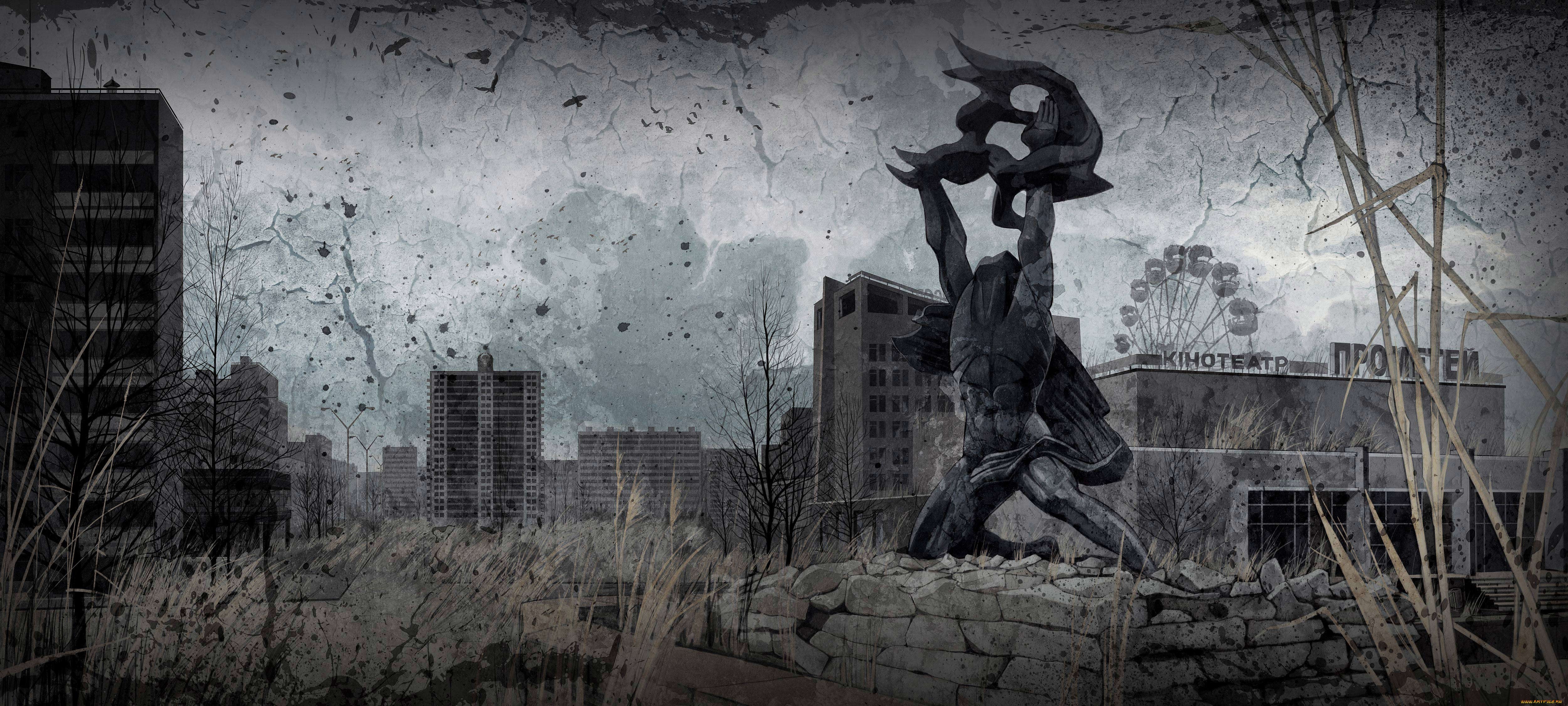 4K Abandoned Cityscape with Statue in Pripyat HD Wallpaper