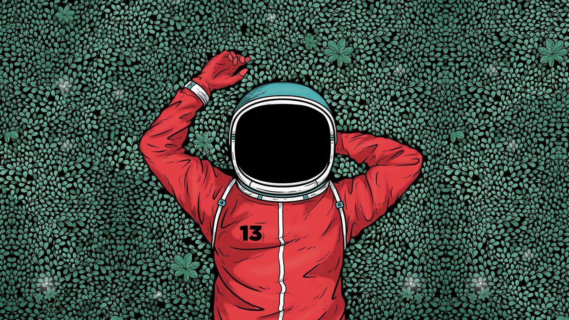 Astronaut lying in green foliage artwork HD Wallpaper