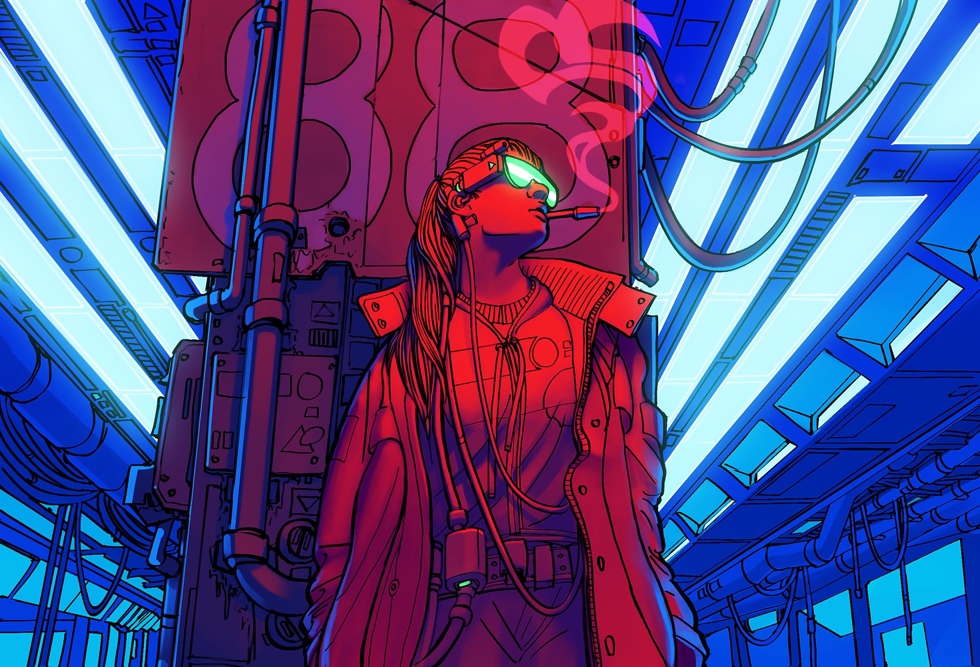Cyberpunk woman smoking in neon-lit industrial setting HD Wallpaper