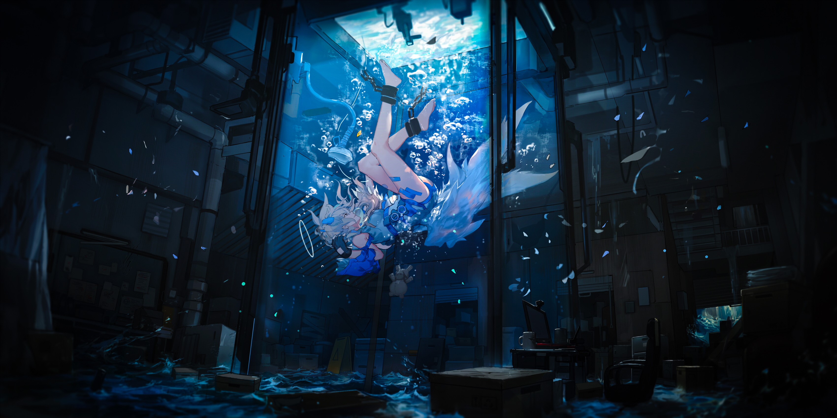 Miv4t anime girl underwater in a dark room HD Wallpaper