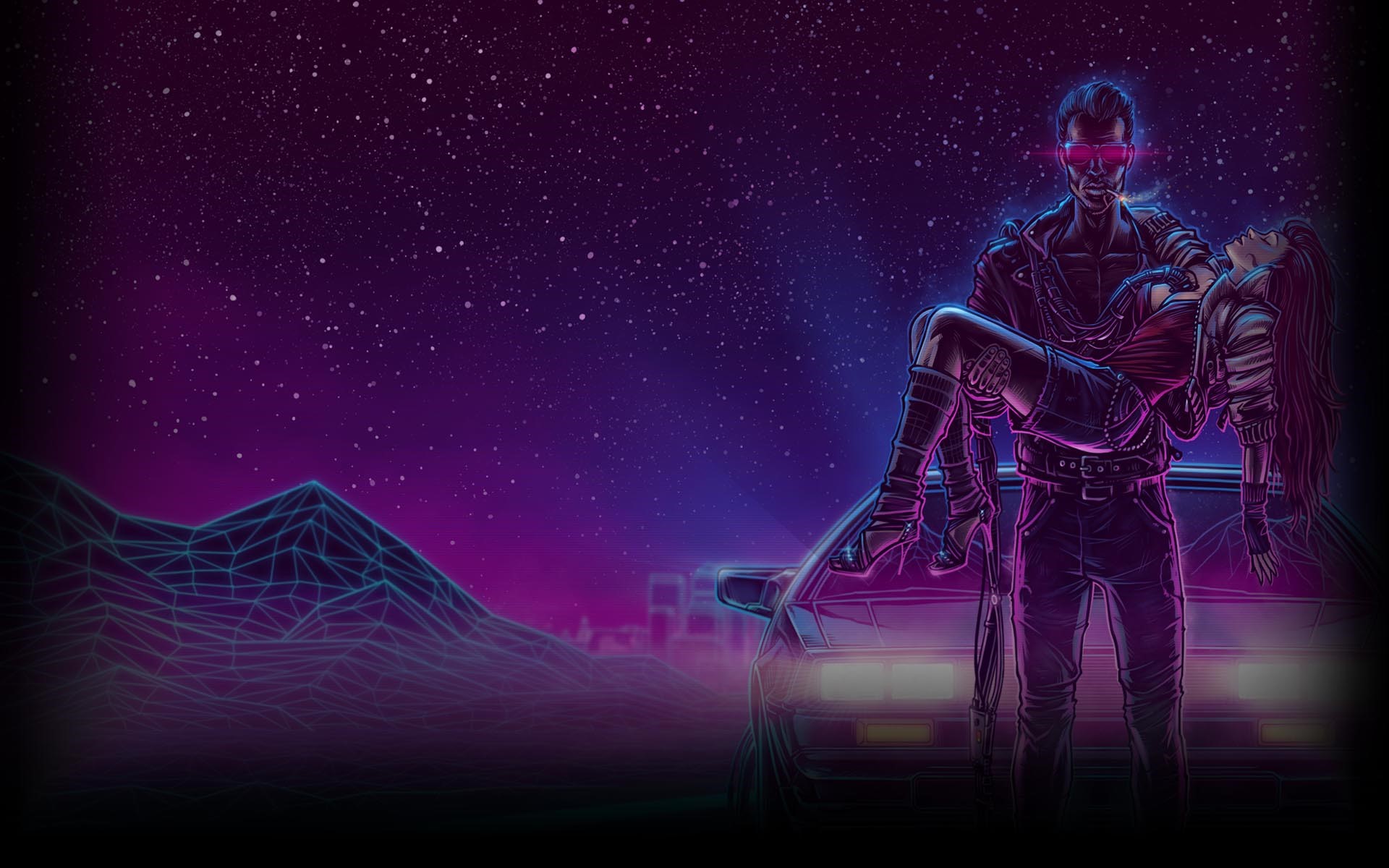 Man carrying woman by retro car with mountains and stars HD Wallpaper