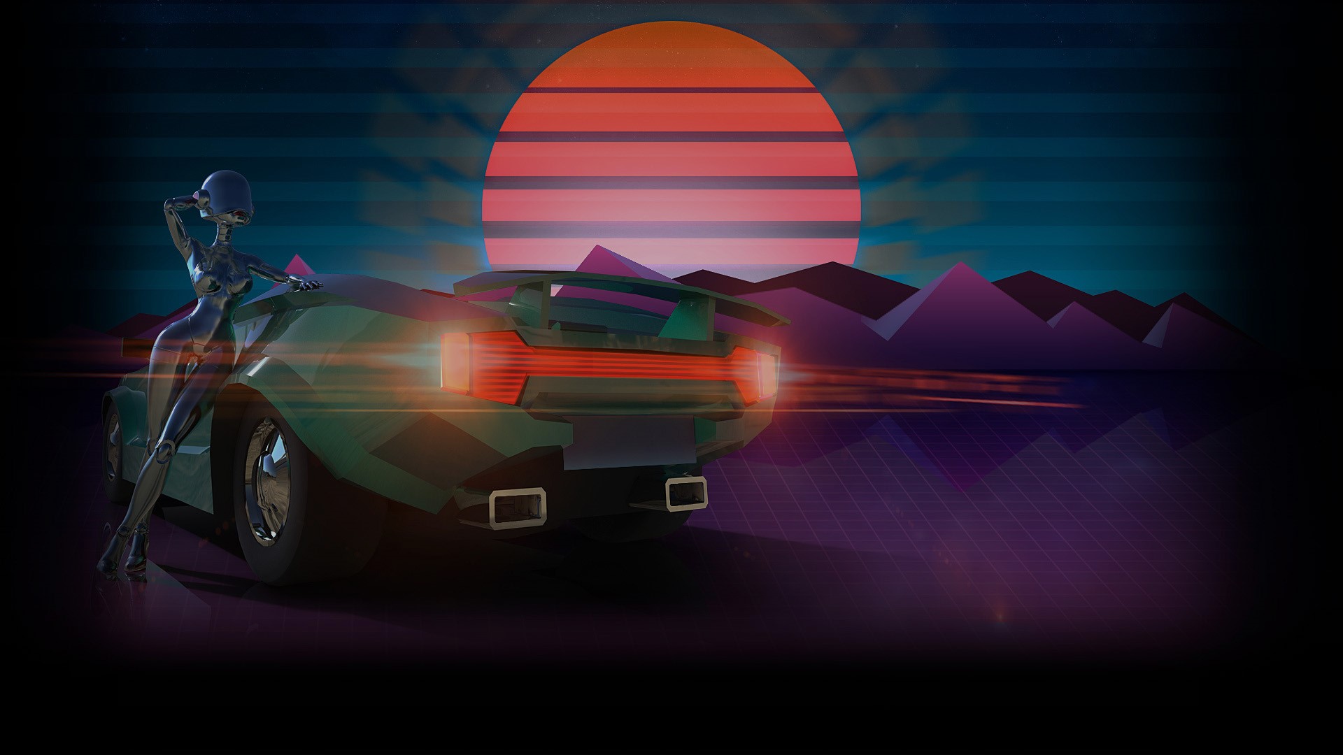 Robot woman leaning on a sports car at sunset HD Wallpaper