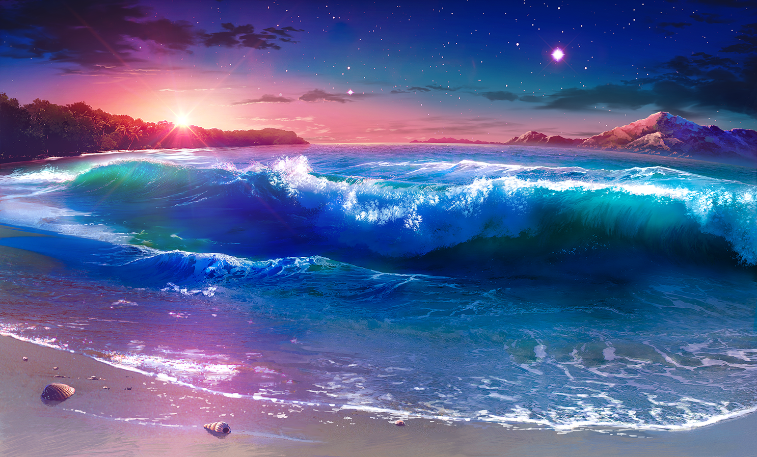 Artwork of a beach at sunset with neon waves and stars HD Wallpaper