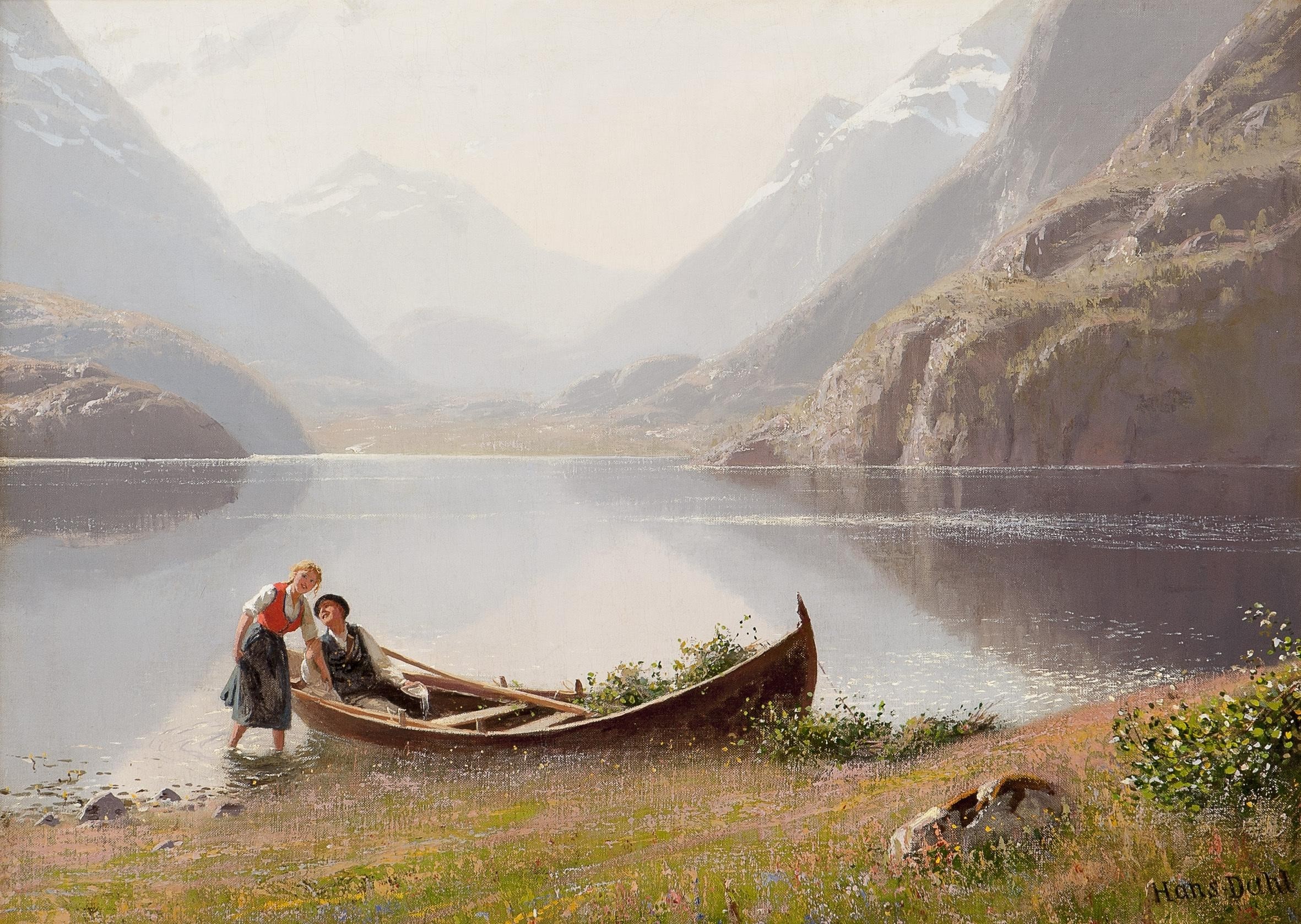 Couple in a boat by a lake with mountains HD Wallpaper
