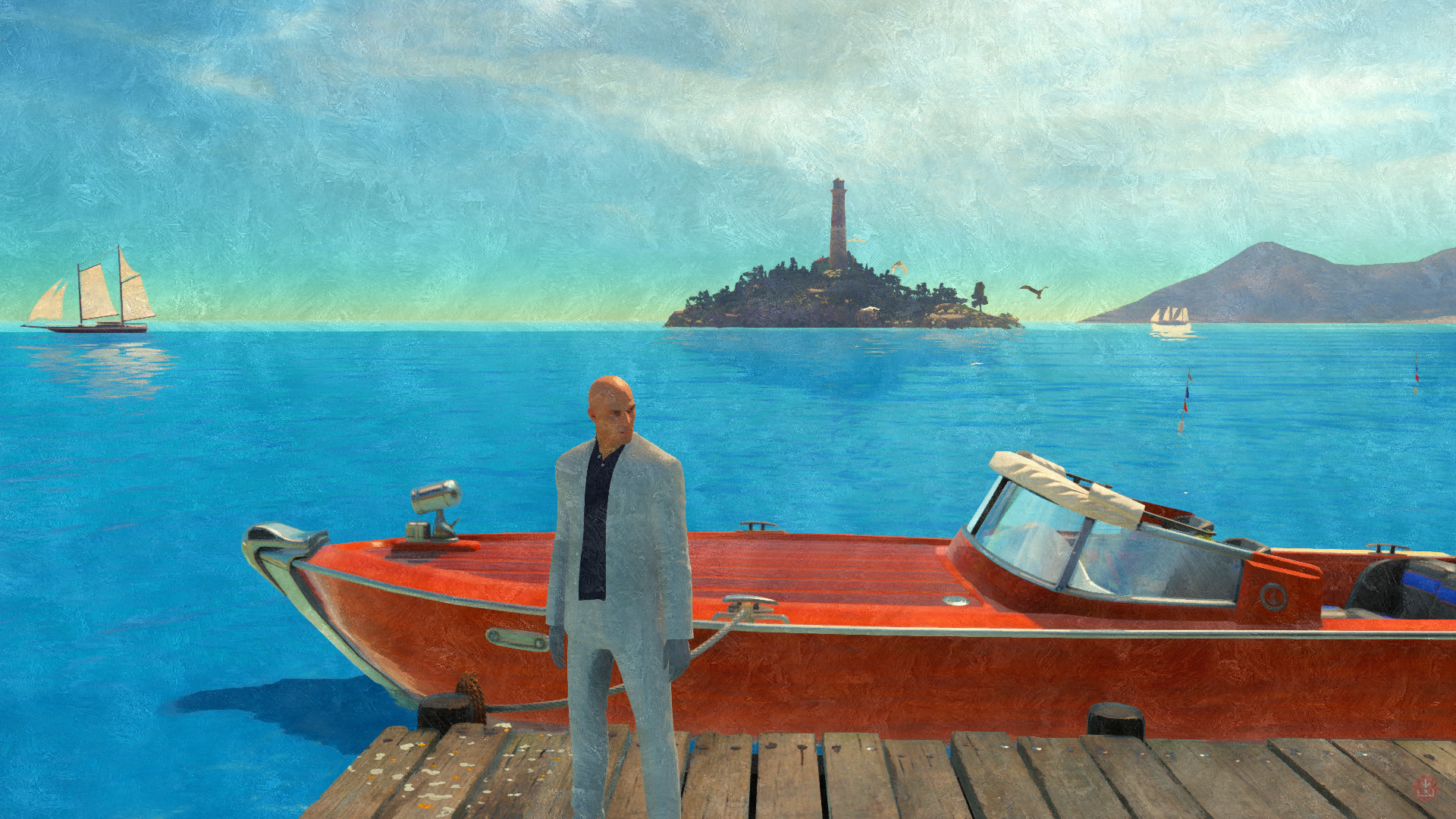 Agent 47 from Hitman on a pier with a boat HD Wallpaper