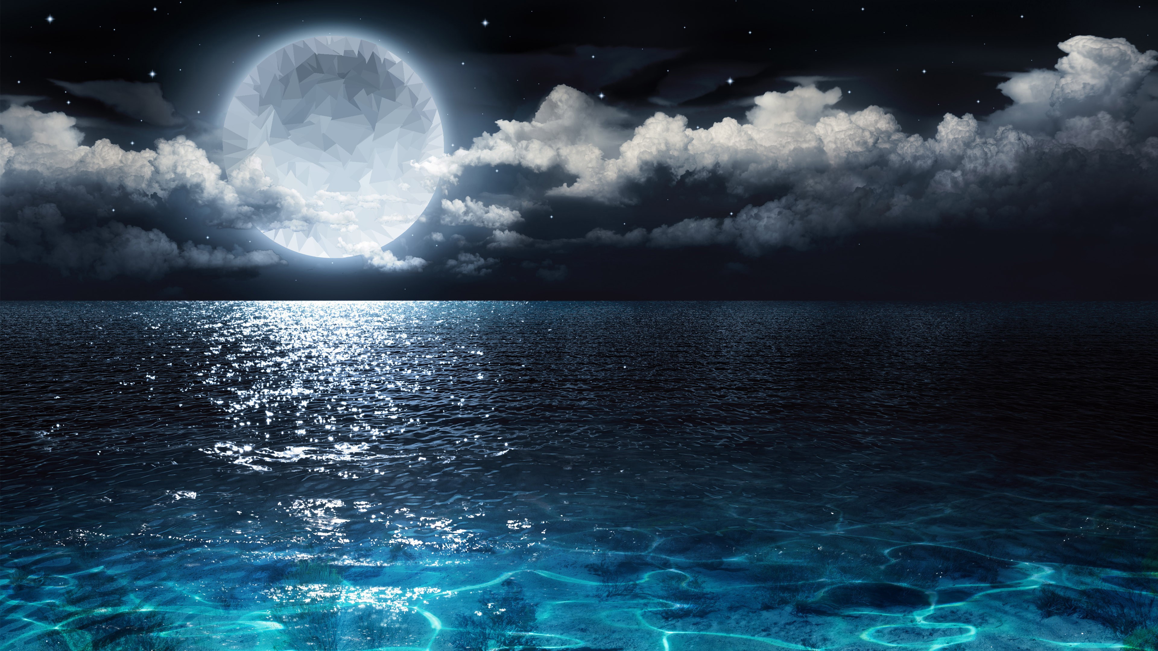 Low poly moon over the sea at night HD Wallpaper