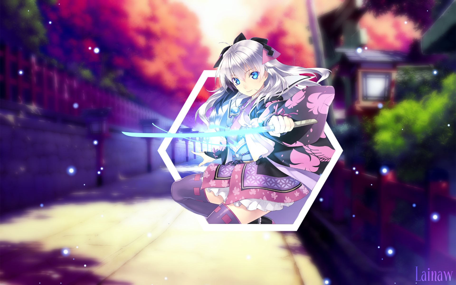 Anime girl with sword in traditional Japanese setting HD Wallpaper