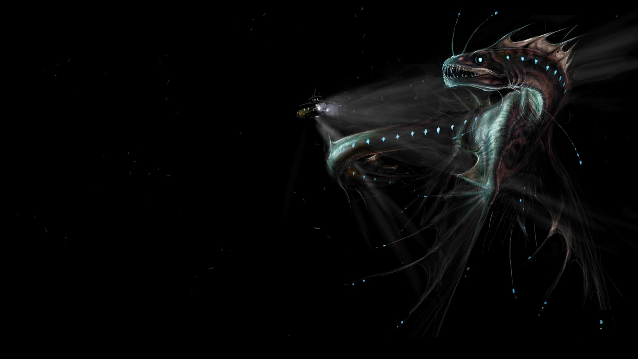 Deep sea creature and submarine in dark water HD Wallpaper