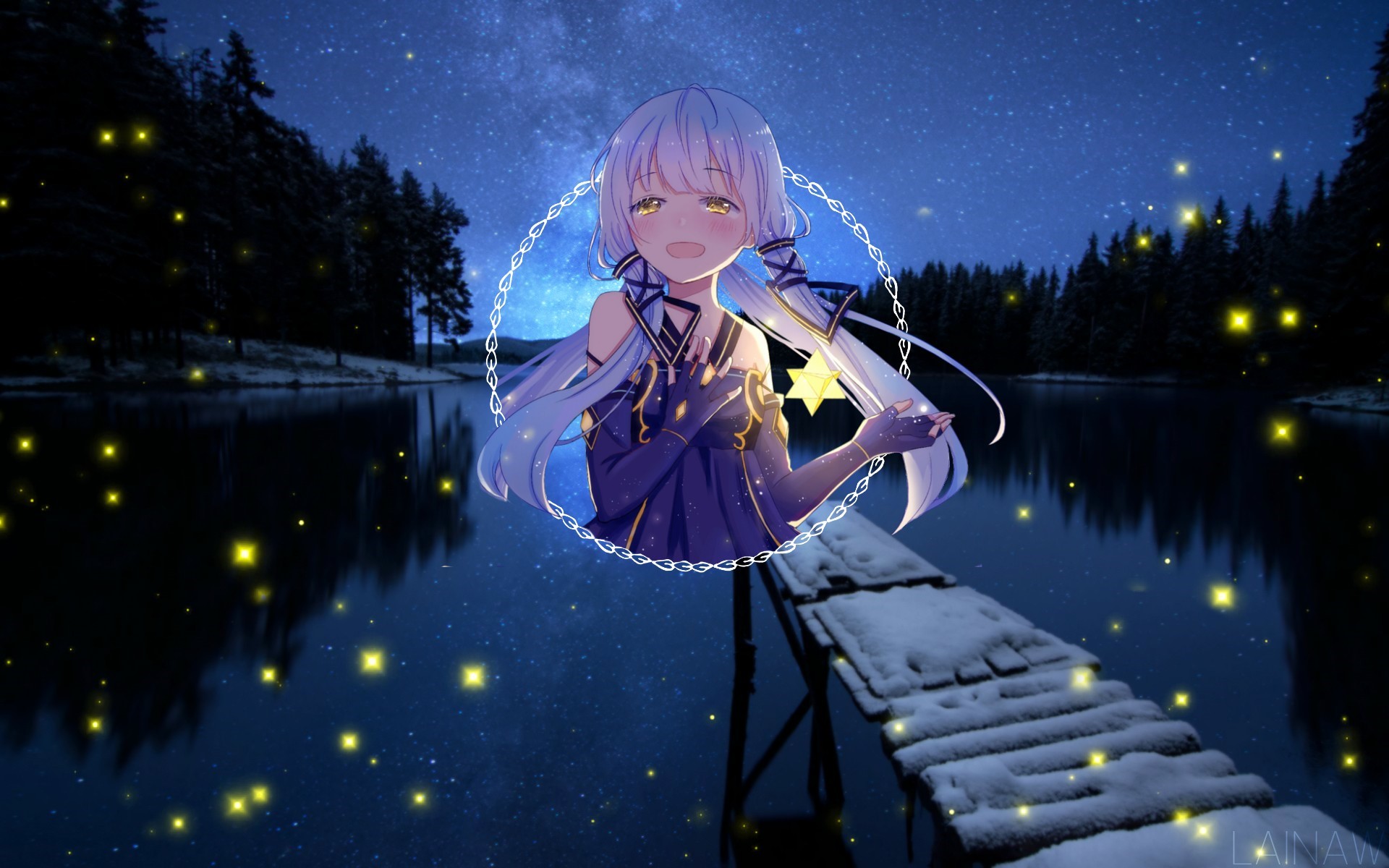 Anime girl with star in starry night landscape HD Wallpaper