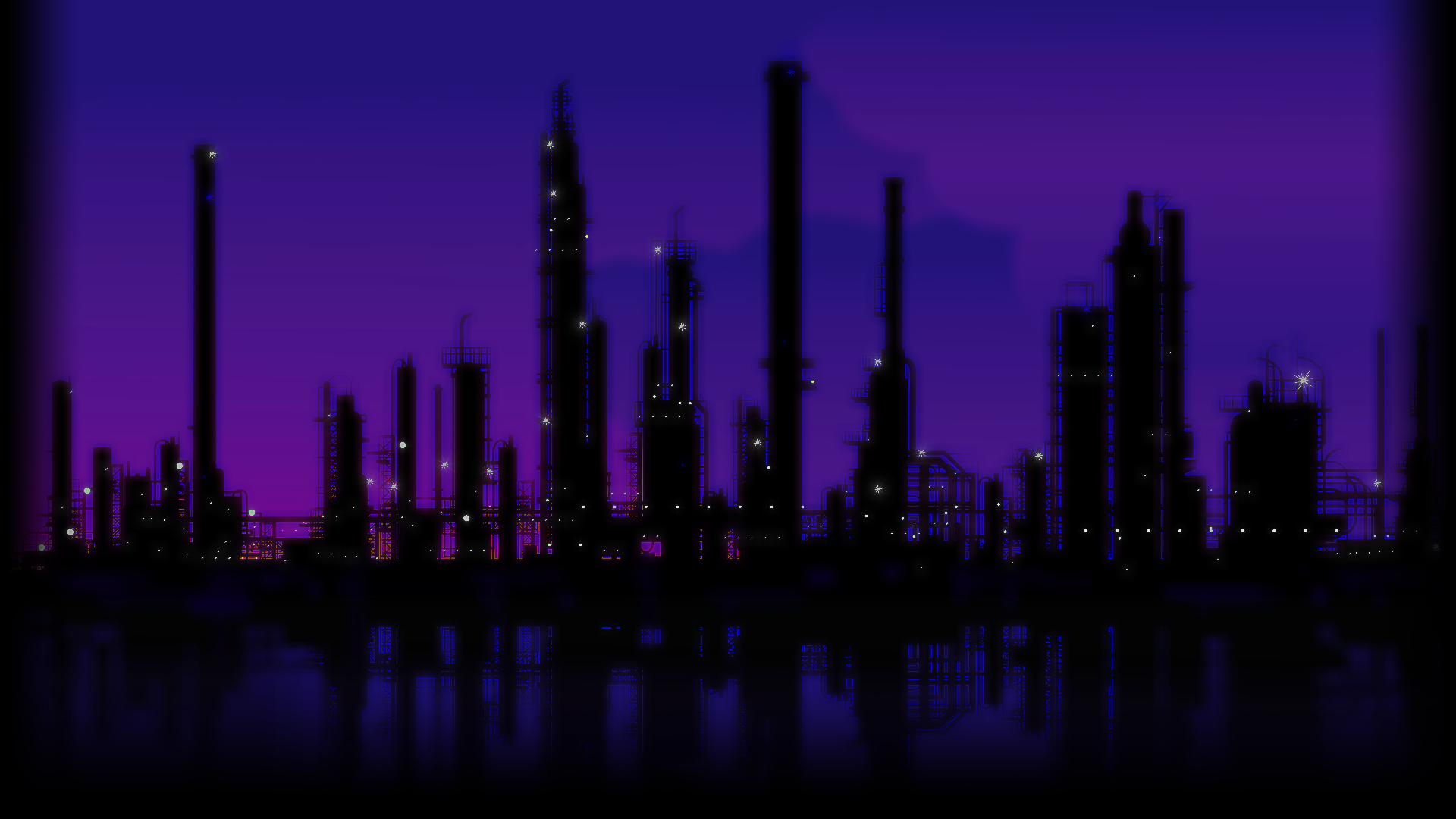 Industrial refinery at night with purple sky and reflections HD Wallpaper