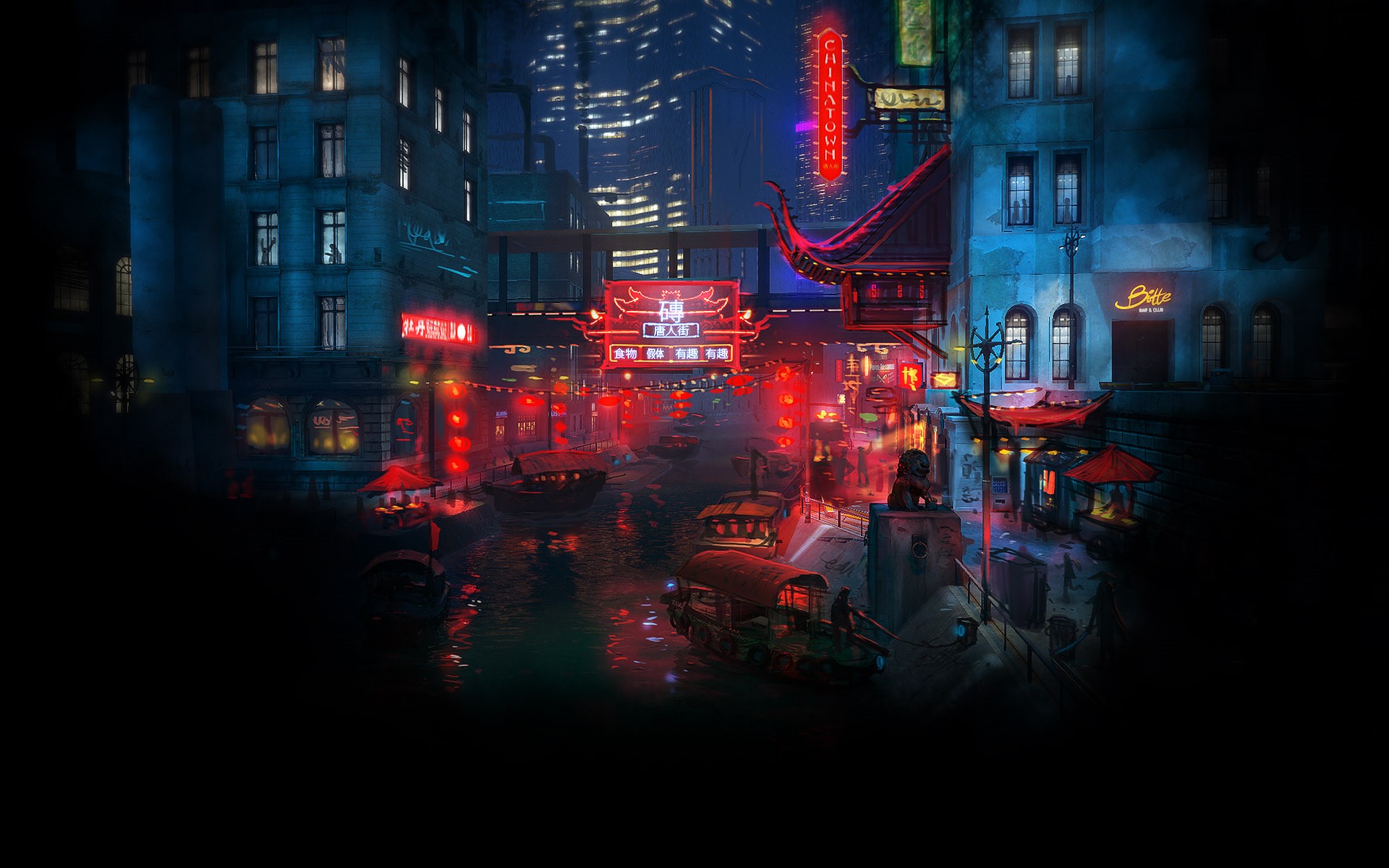 Cyberpunk Chinatown canal with neon lights and boats HD Wallpaper