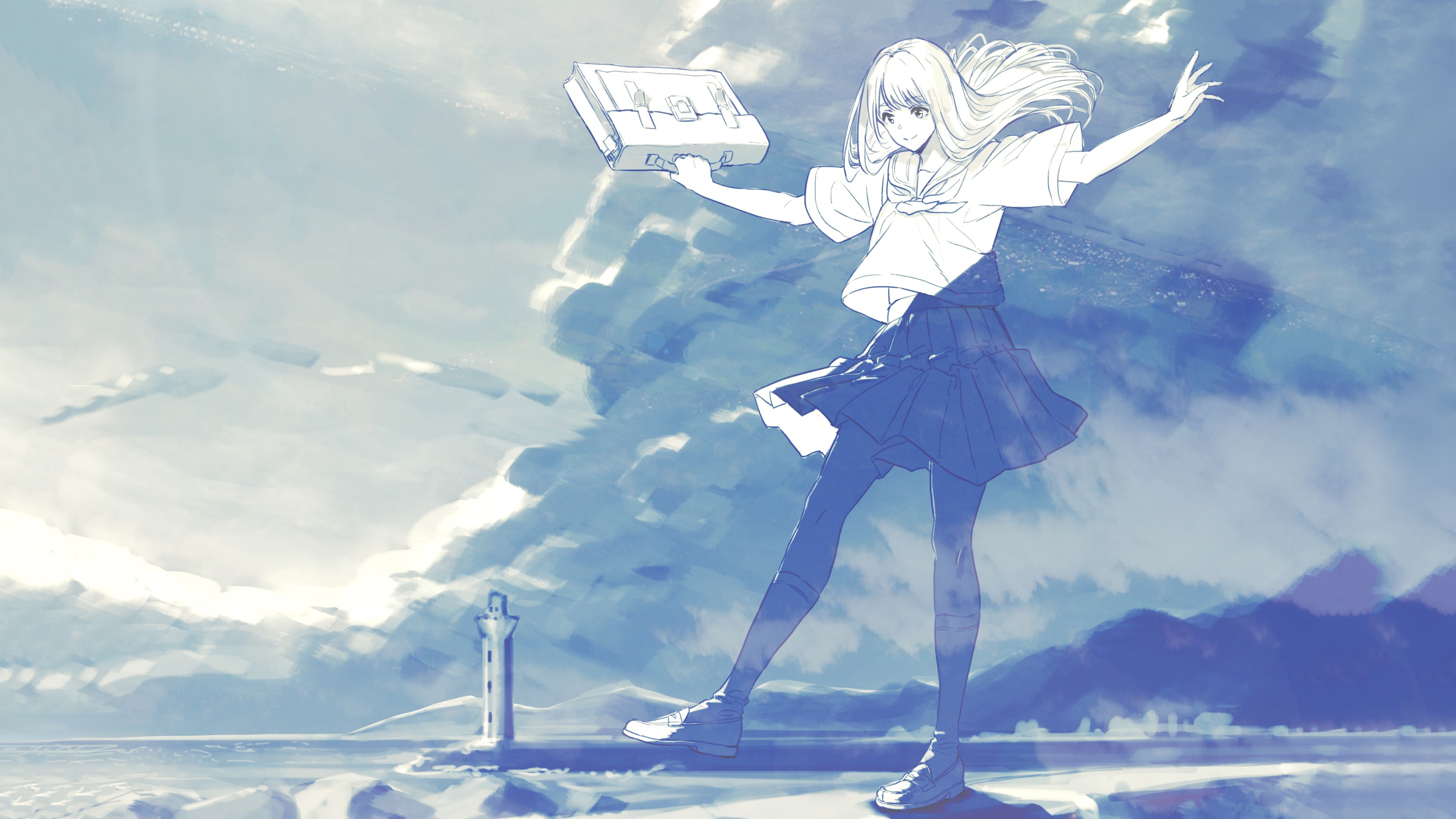 Girl in school uniform holding a briefcase by a lighthouse HD Wallpaper