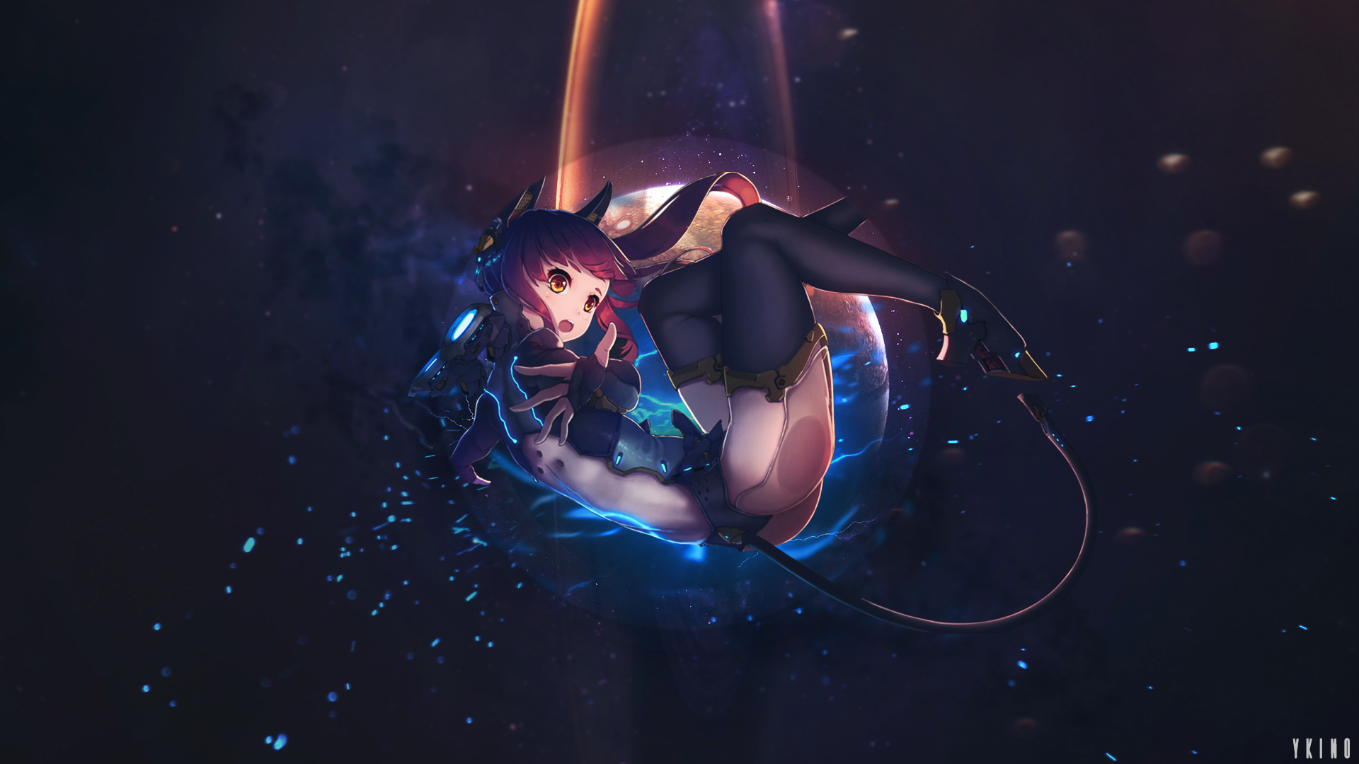 Anime girl in space with glowing effects HD Wallpaper