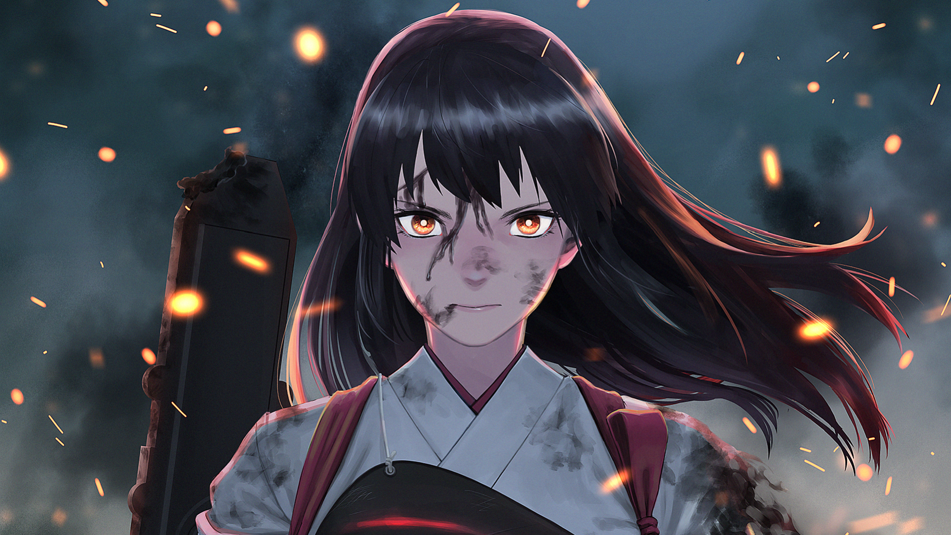 Anime girl with black hair and orange eyes in a war-torn setting HD Wallpaper