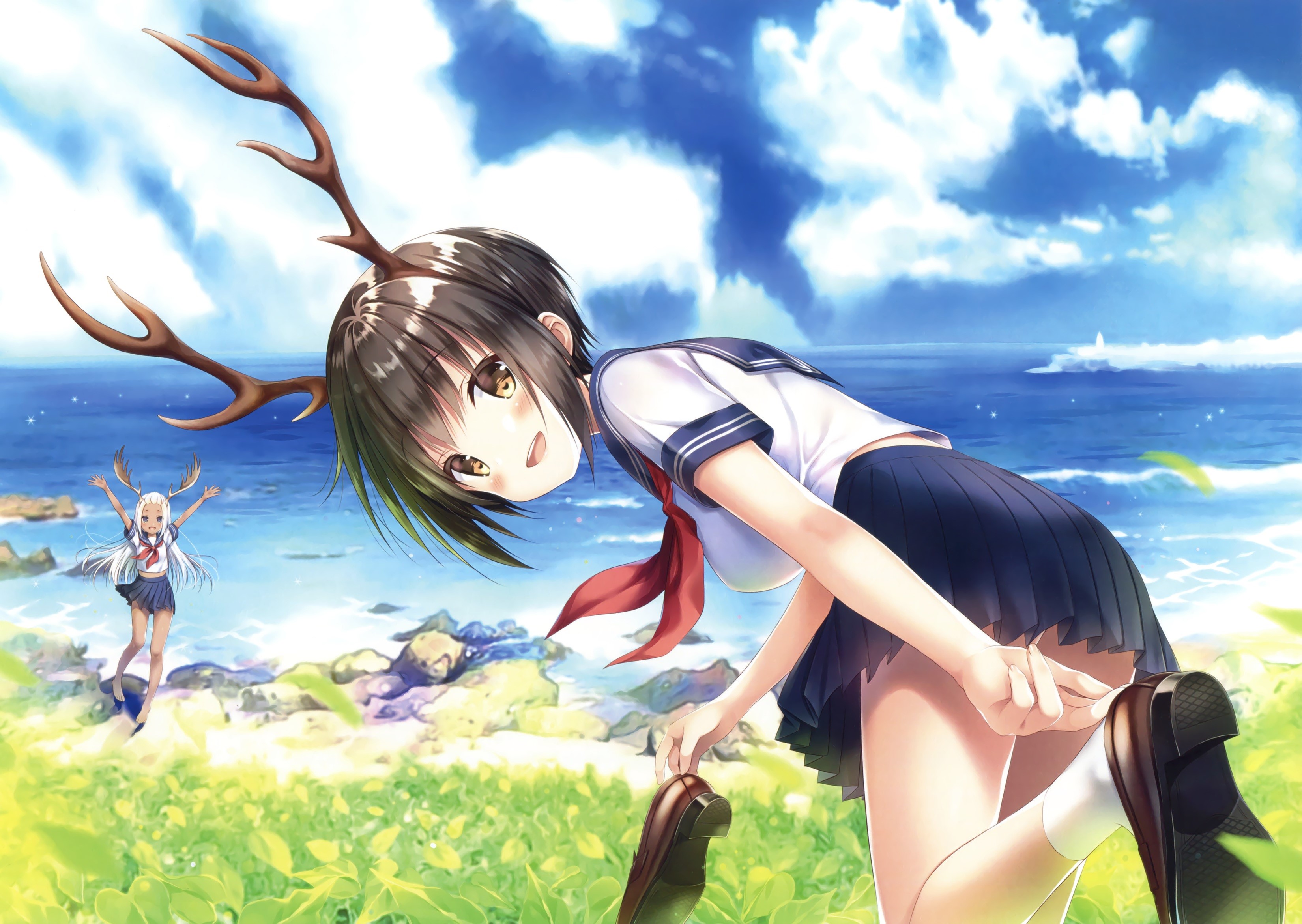 Anime girls with antlers on a beach HD Wallpaper