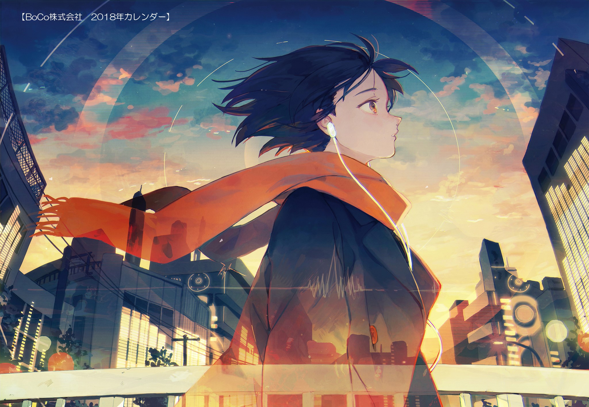 Anime girl with earphones and scarf in city at sunset HD Wallpaper