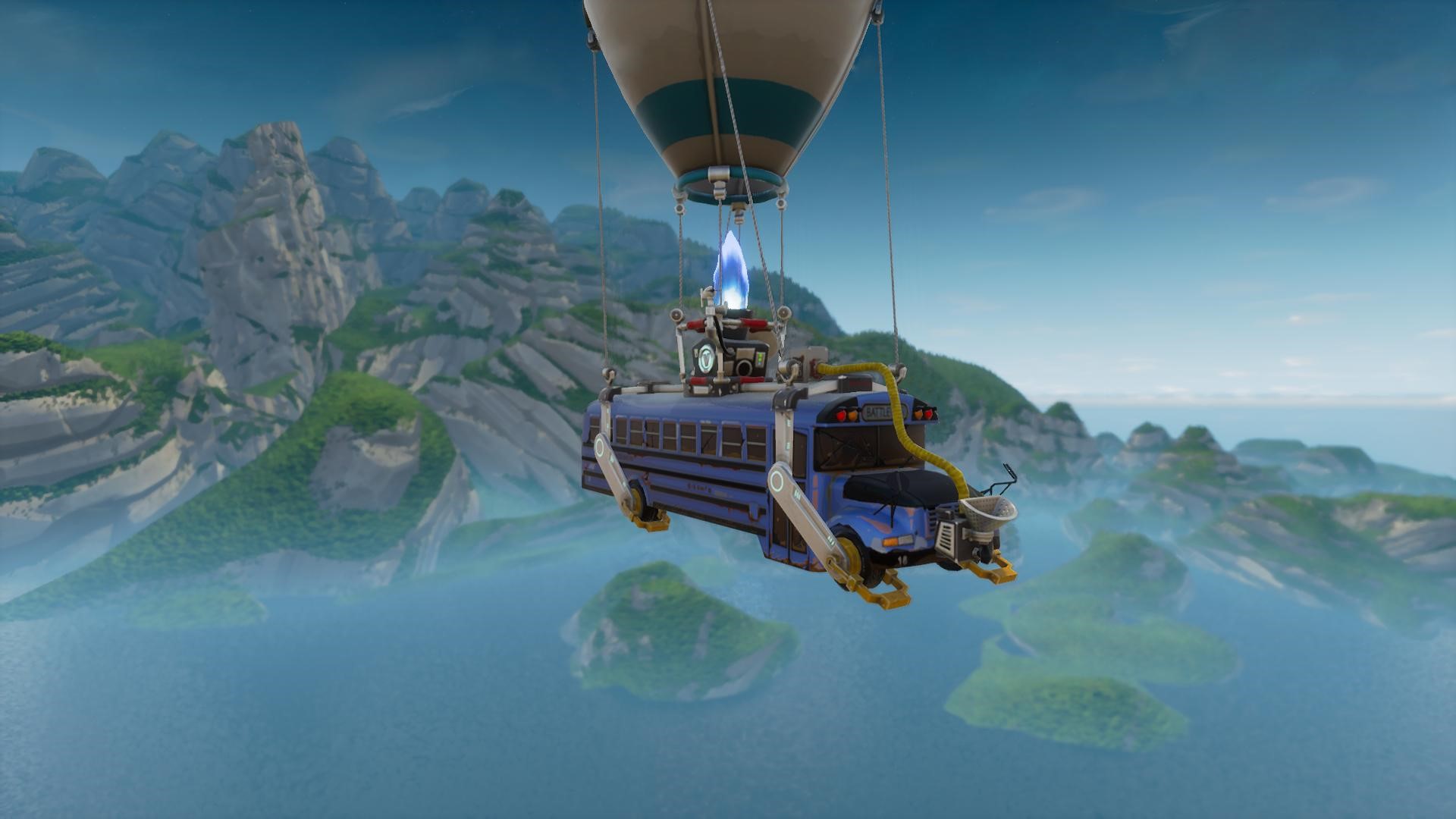 Fortnite Battle Bus flying over islands HD Wallpaper