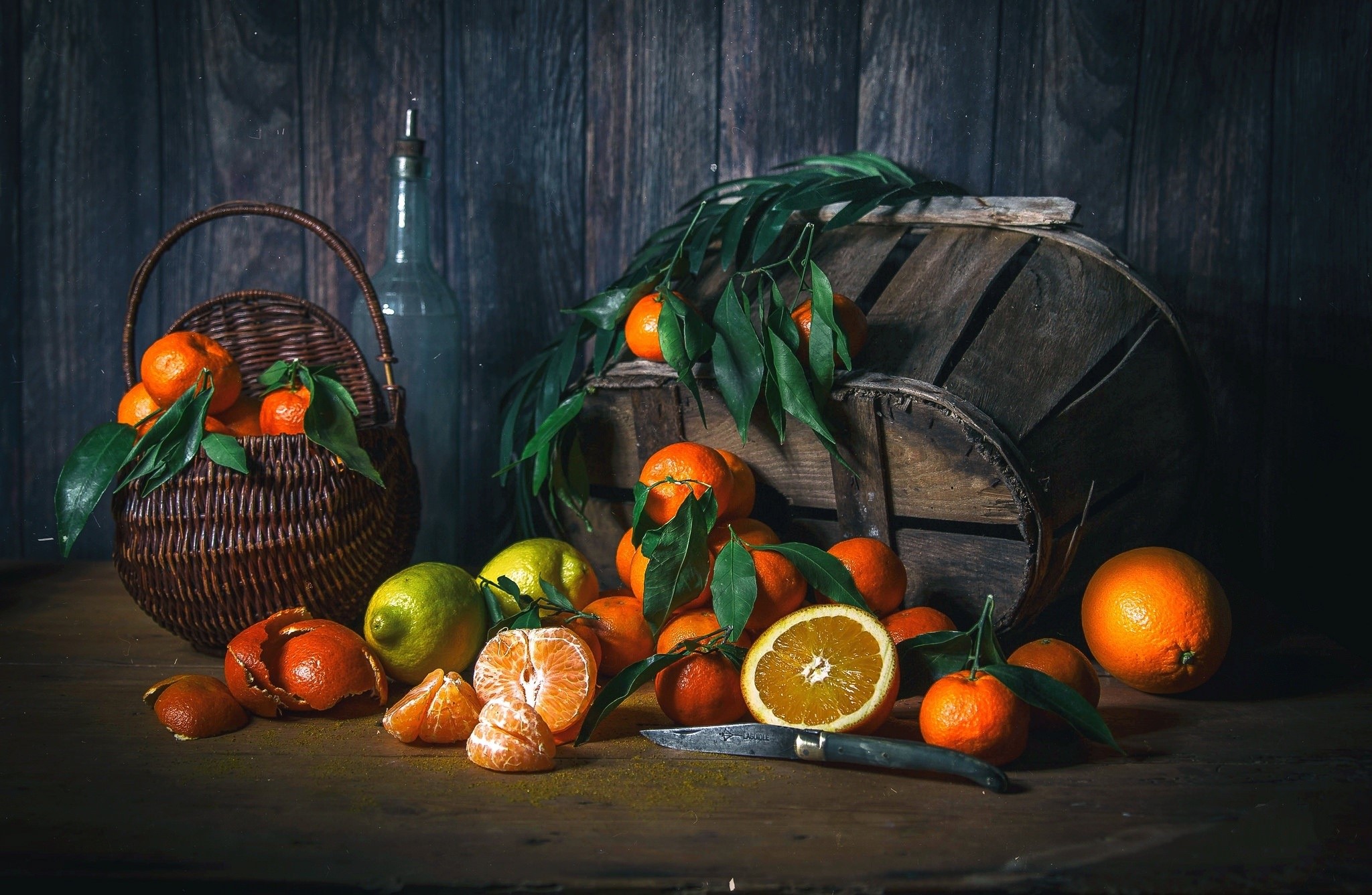 Still life with oranges, lemons, and a basket HD Wallpaper
