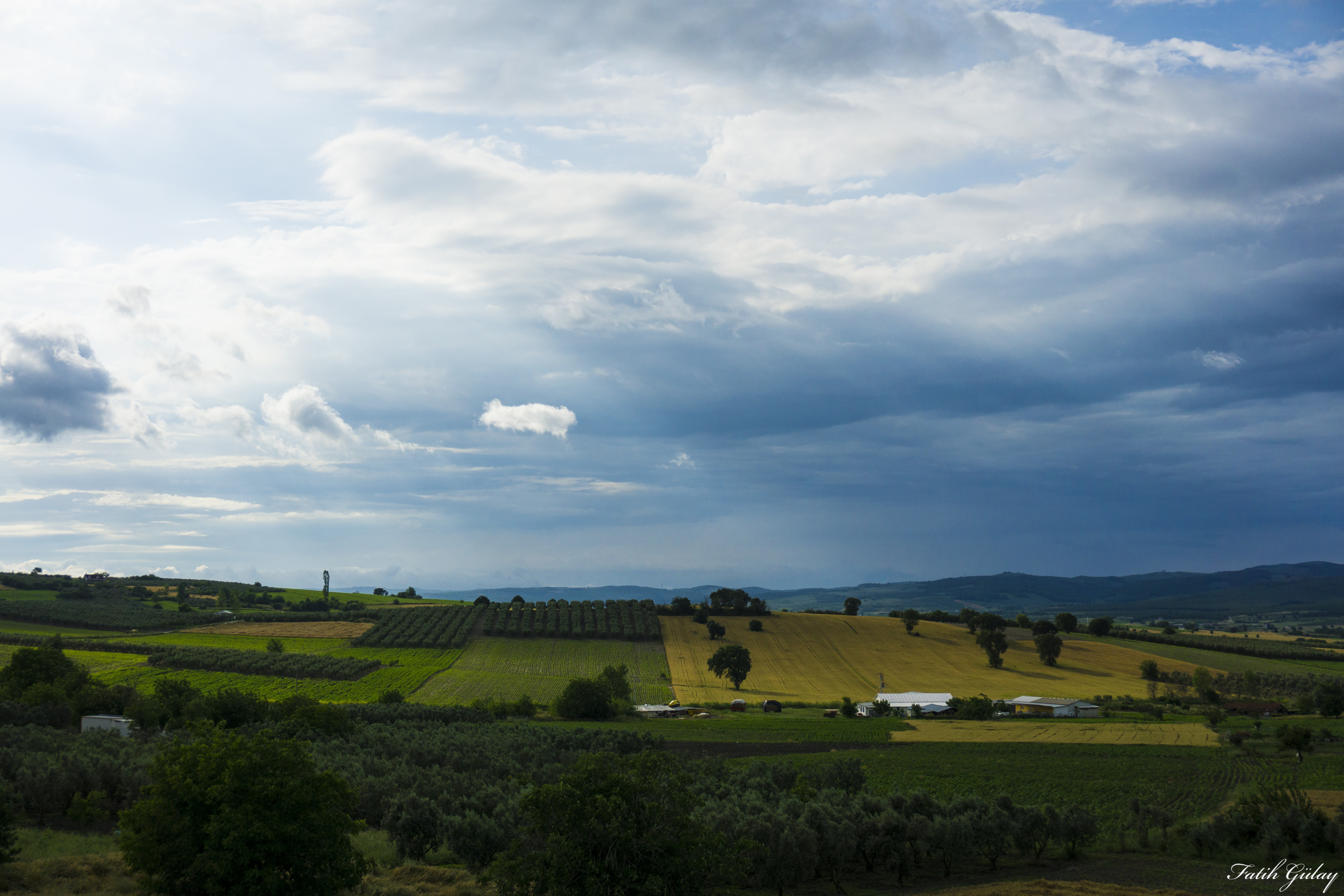4K clouds over a rural landscape with fields and trees HD Wallpaper