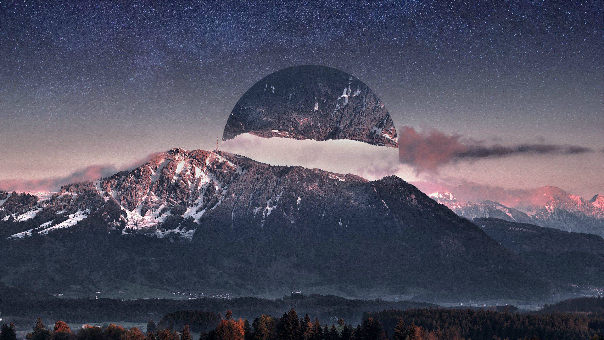 Surreal mountain landscape with starry sky HD Wallpaper