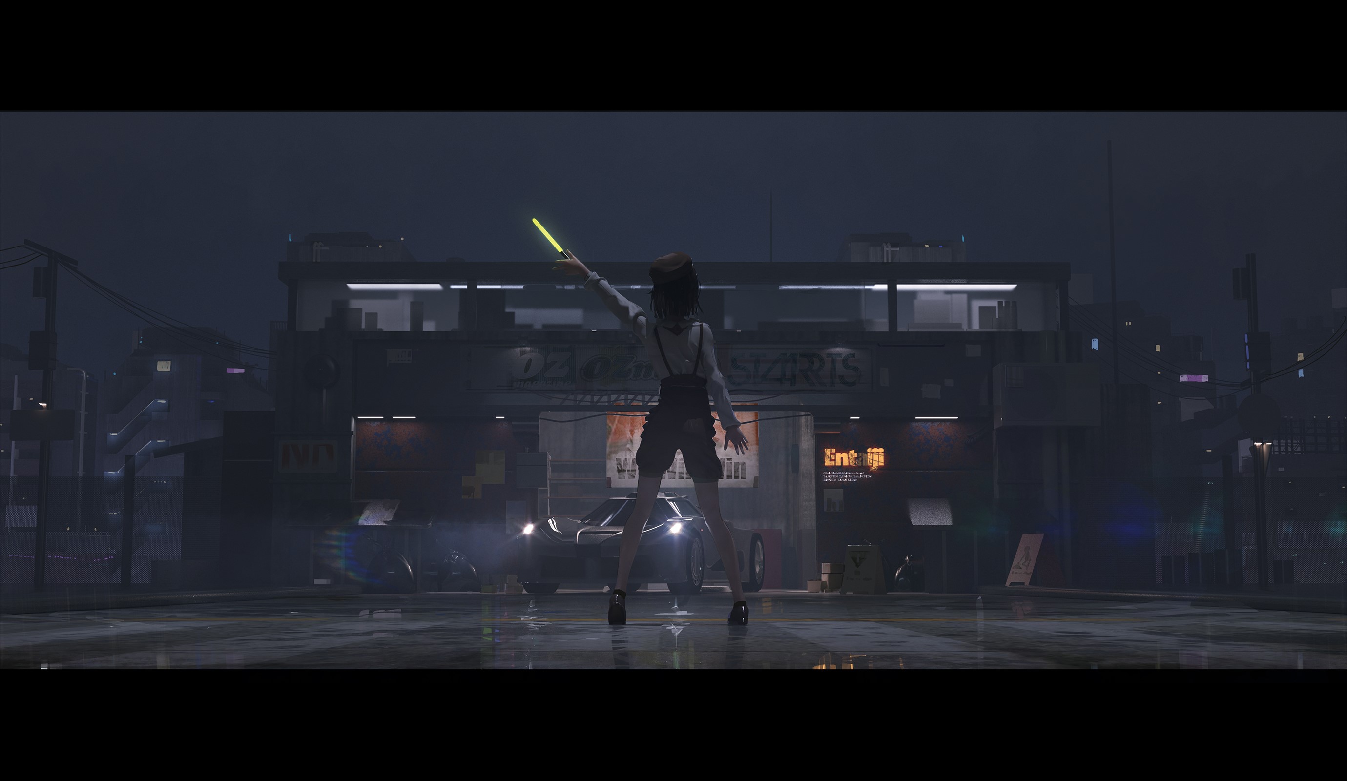 Girl with glowing stick in front of a building HD Wallpaper