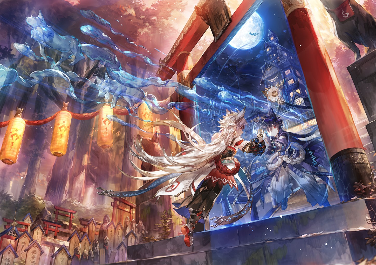 Fantasy art of anime characters with spirit wolves HD Wallpaper