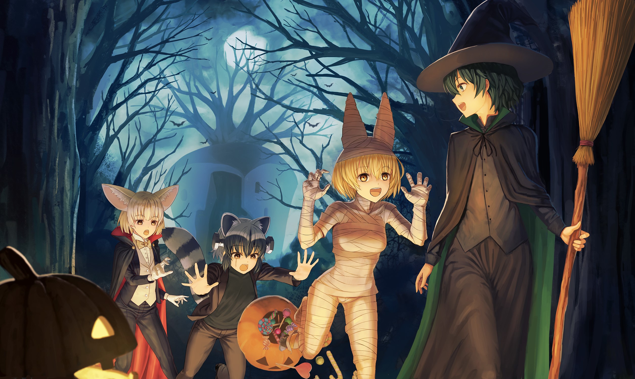 Anime characters in Halloween costumes in a forest HD Wallpaper