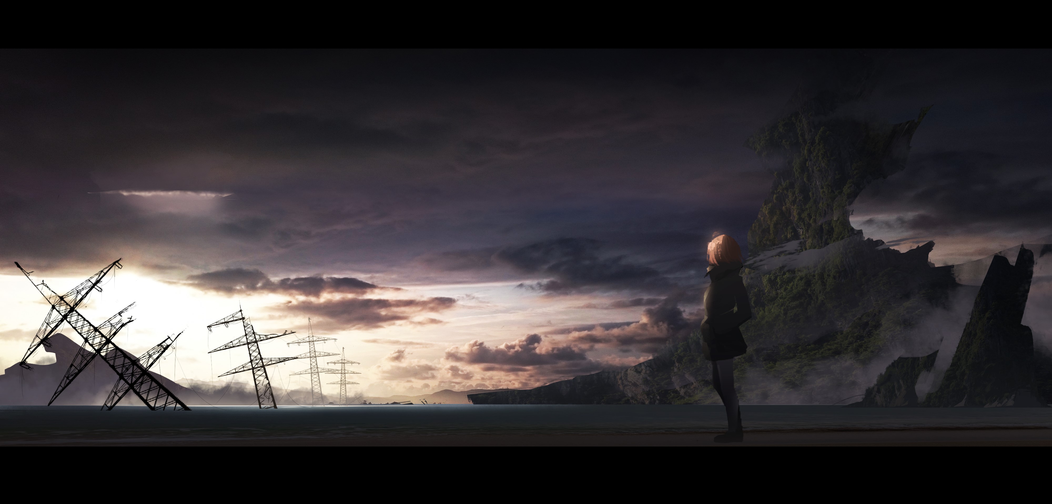 Anime girl in a post-apocalyptic landscape with power lines HD Wallpaper