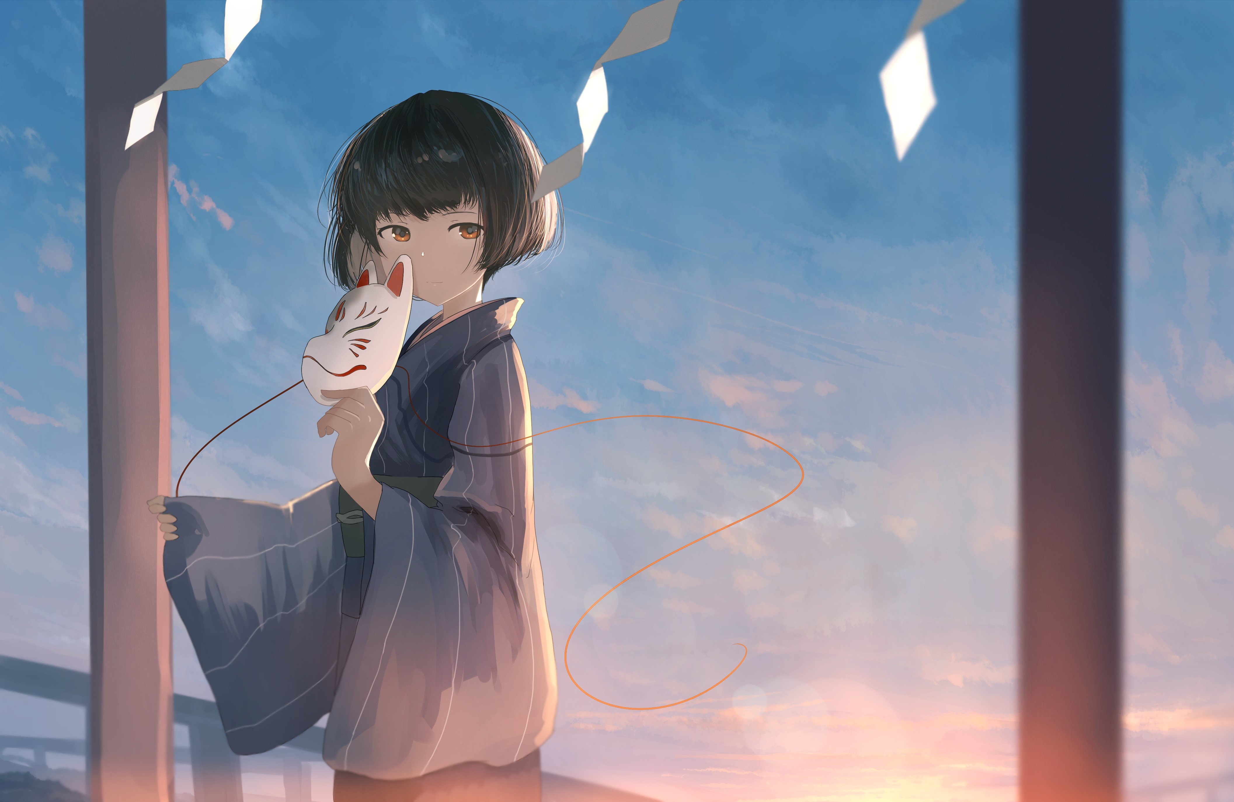 Anime girl with Kitsune mask HD Wallpaper