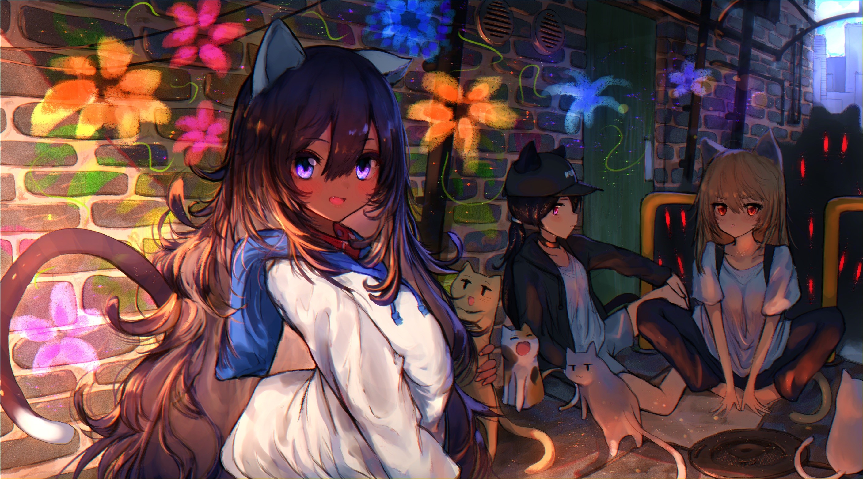 Anime cat girls and cats in a city alley HD Wallpaper