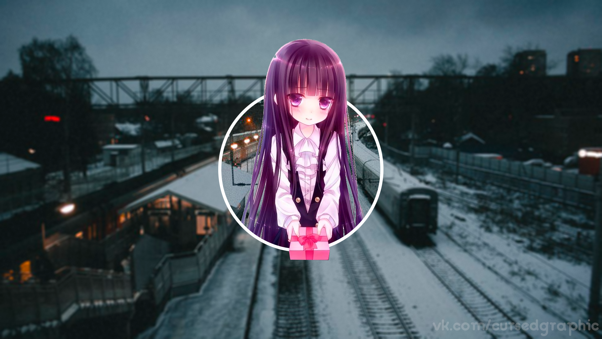 Anime girl with gift at train station HD Wallpaper