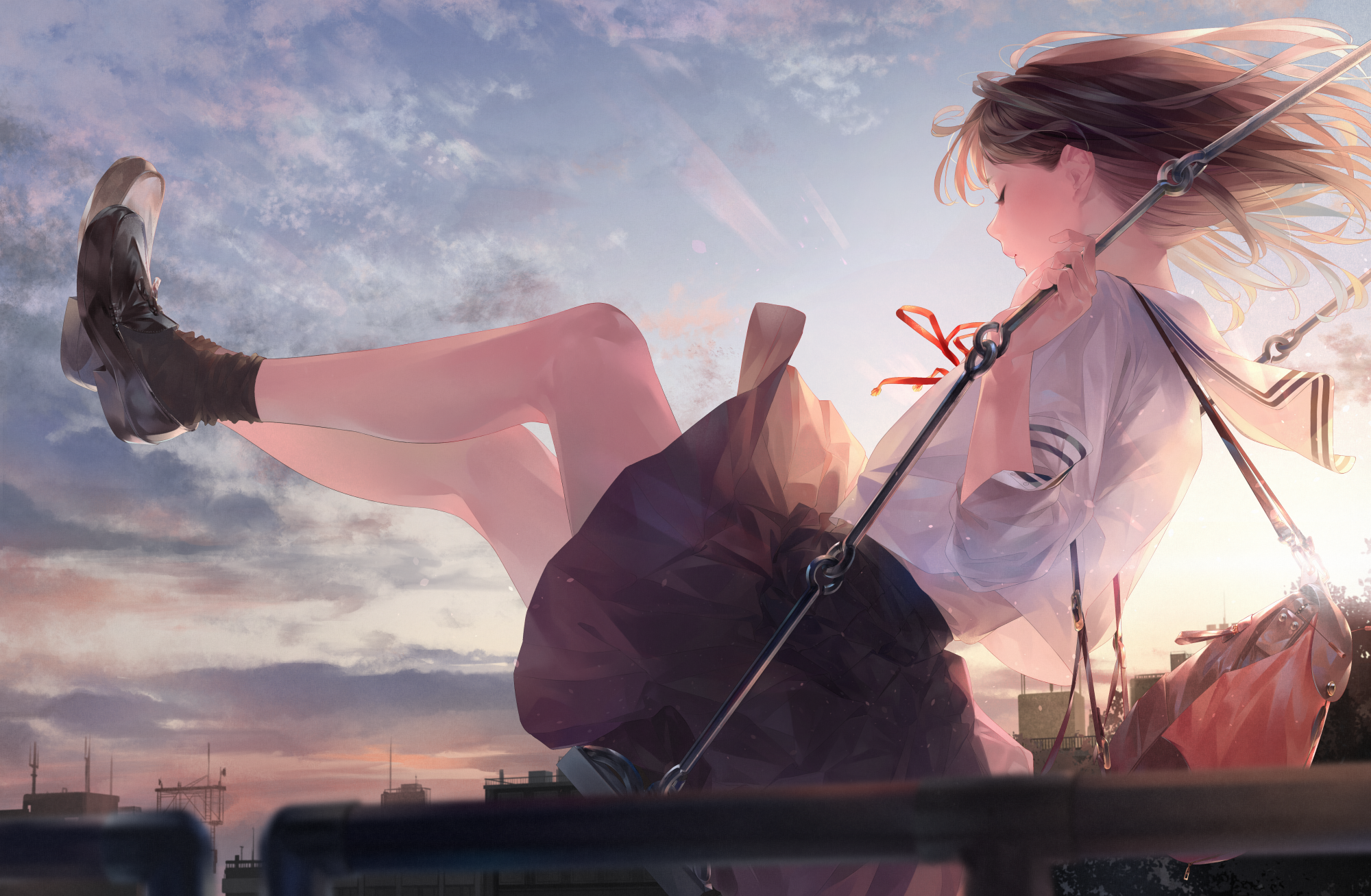 Anime girl on a swing at sunset HD Wallpaper