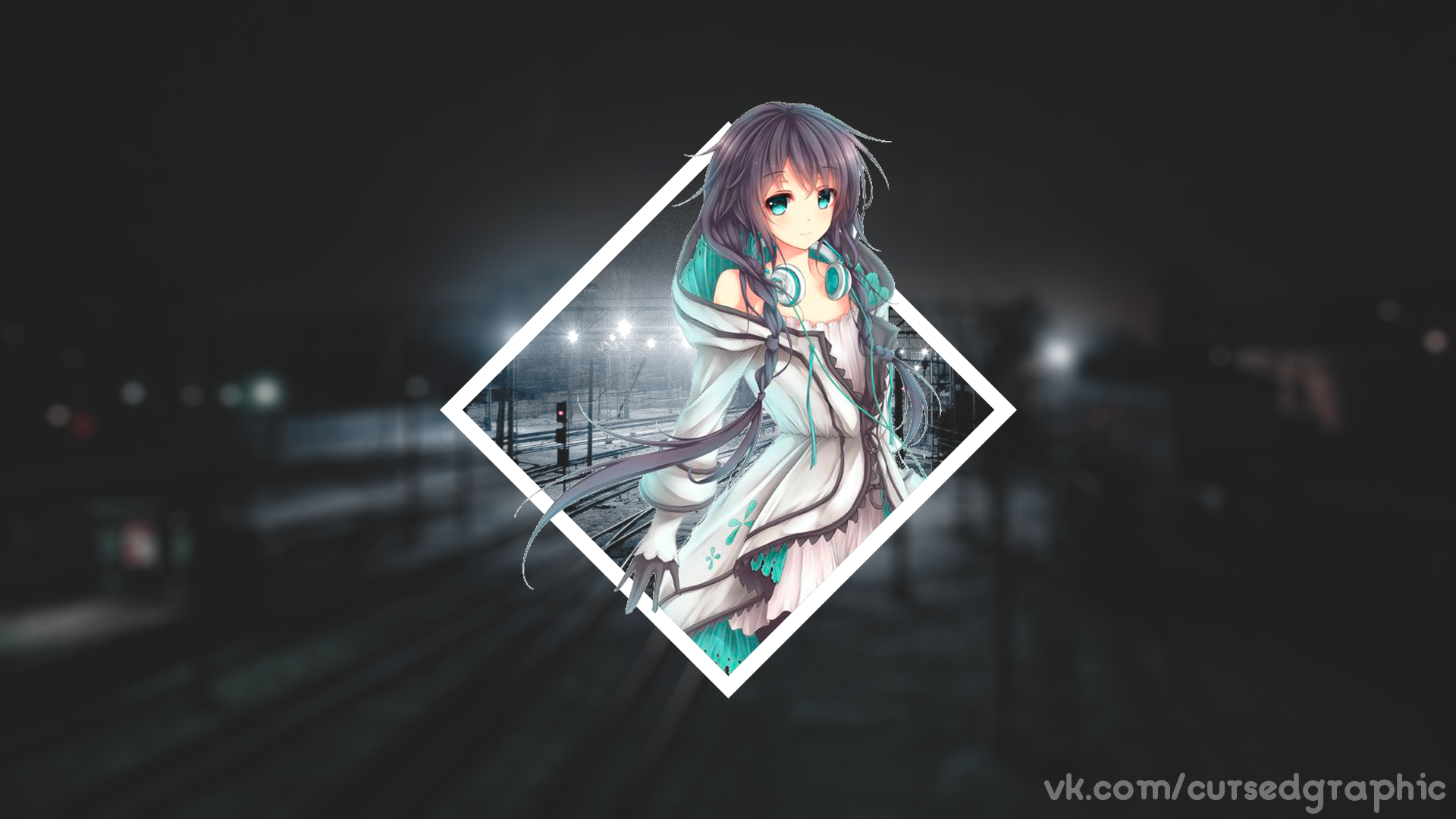 Anime girl with headphones on train tracks HD Wallpaper