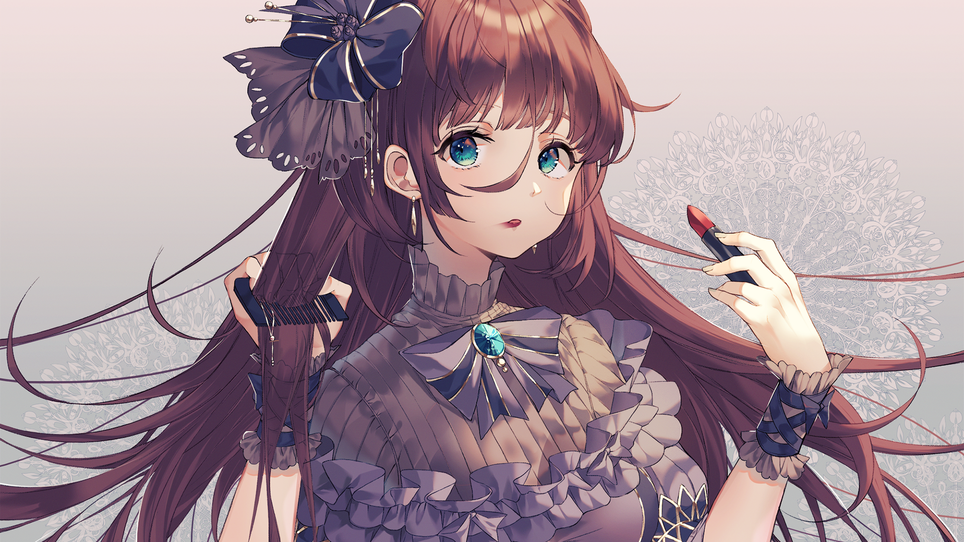 Anime girl with long brown hair applying lipstick HD Wallpaper