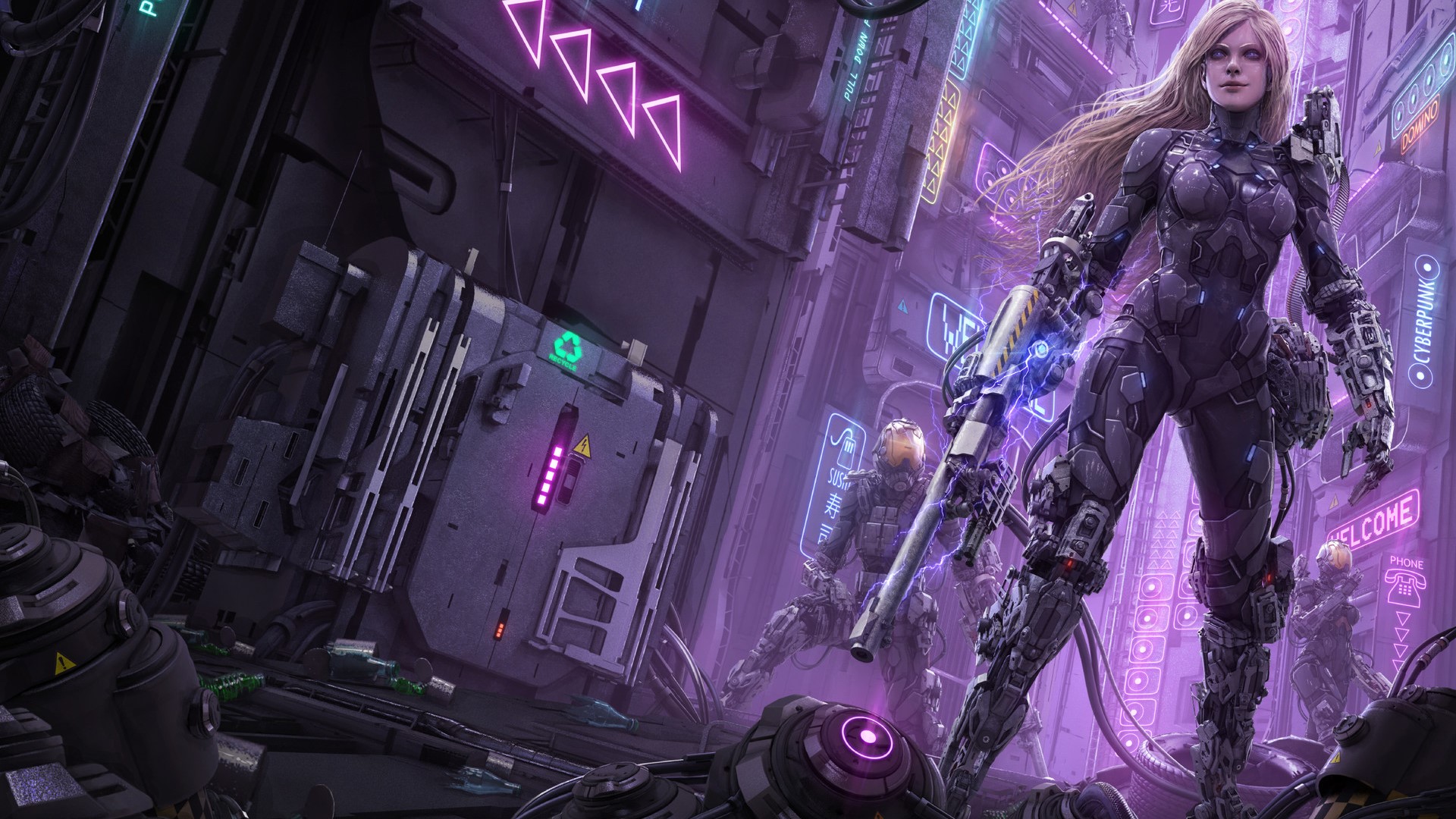Cyborg woman with gun in futuristic city HD Wallpaper