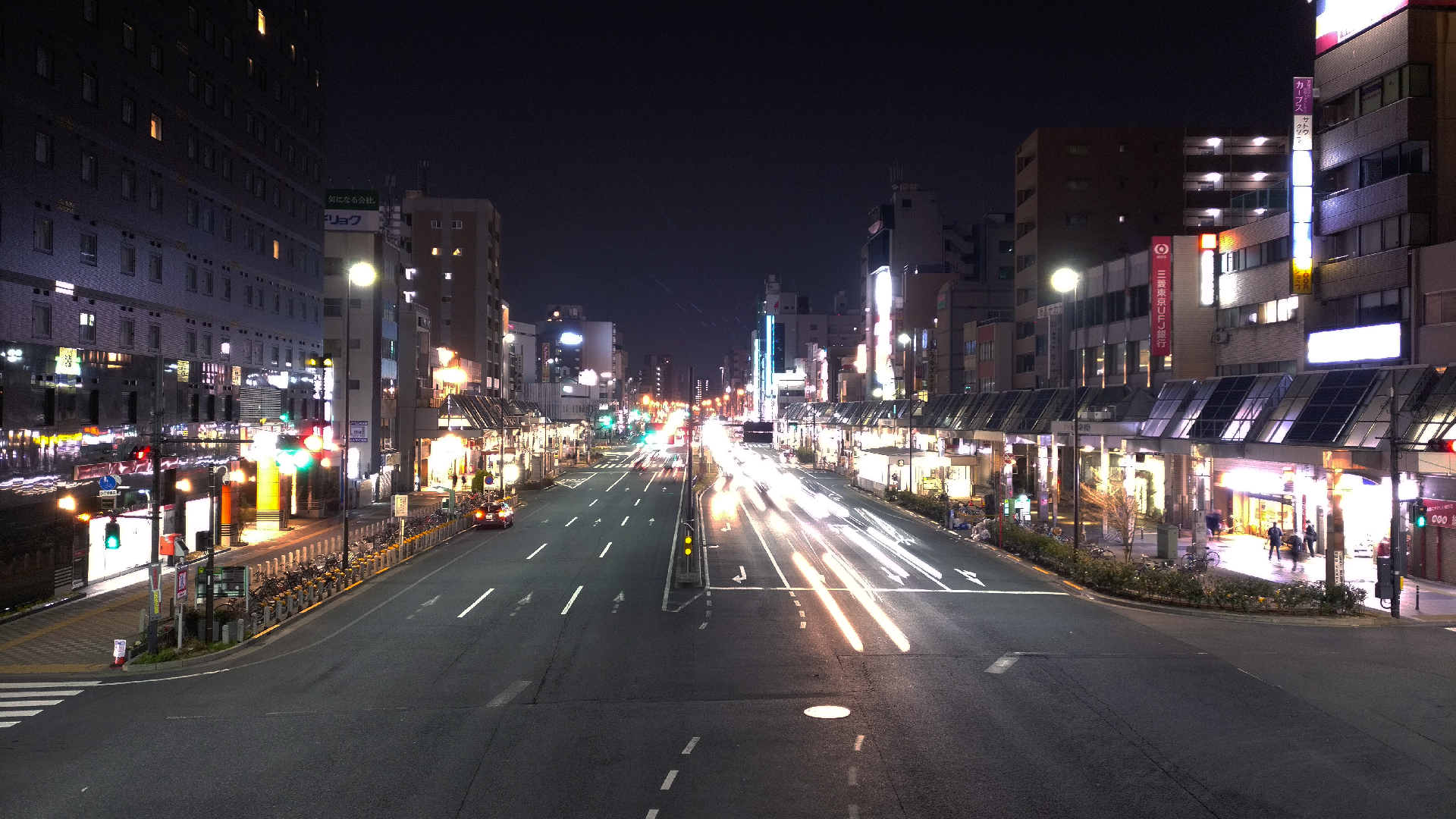 Night street with light trails in Japan HD Wallpaper