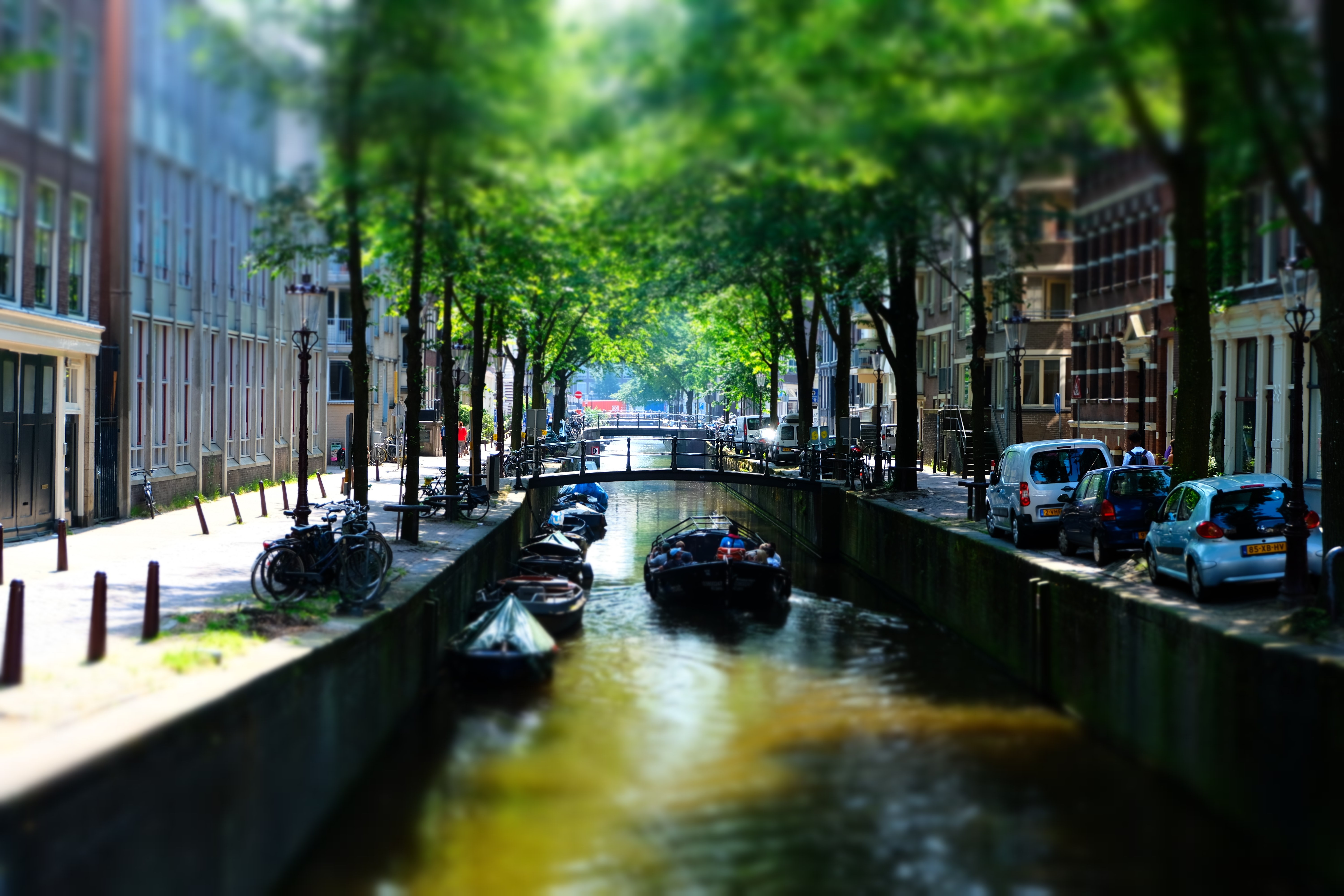 Amsterdam canal with boats and trees HD Wallpaper