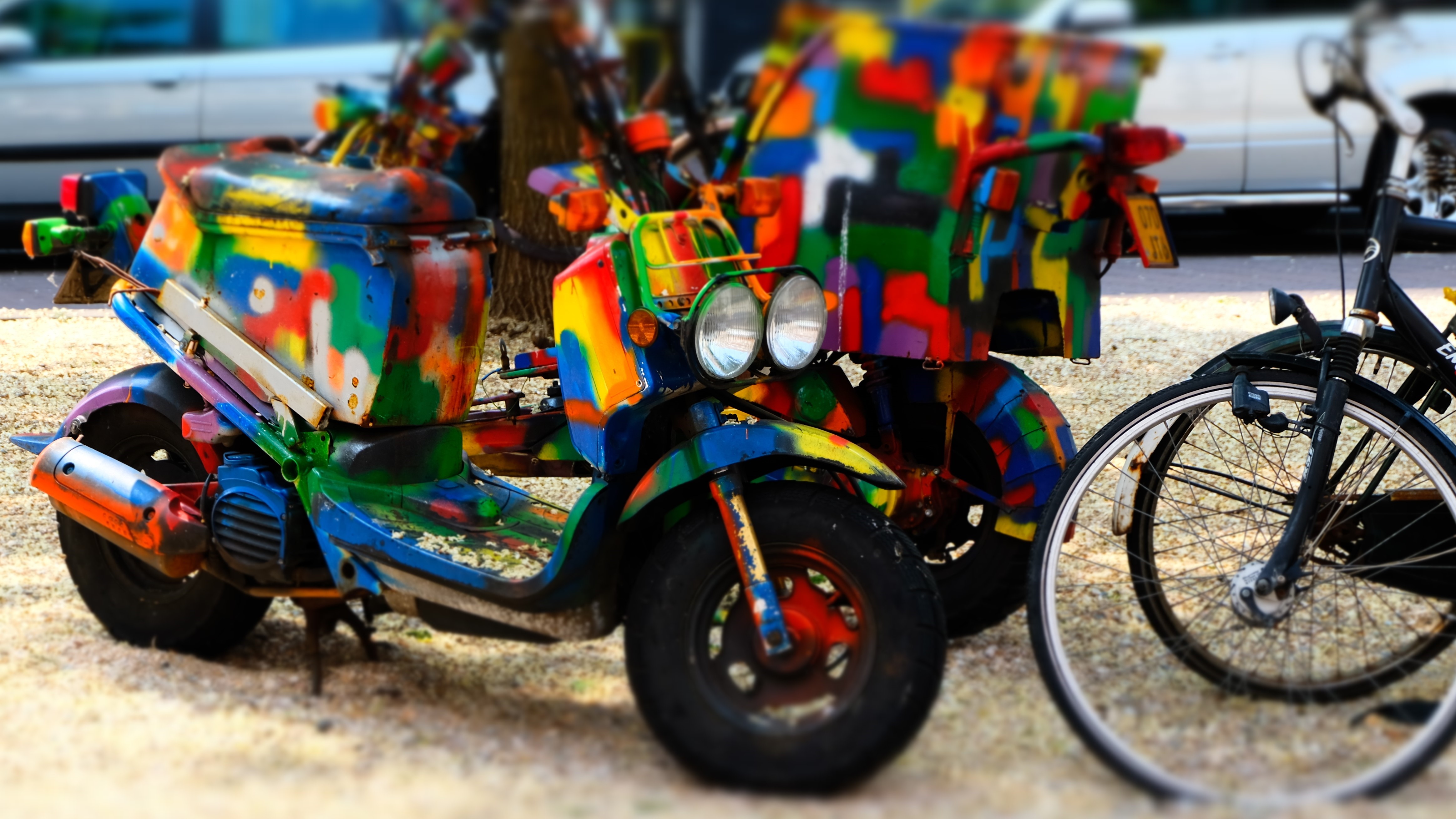 Colorful scooters and bicycle in Netherlands HD Wallpaper